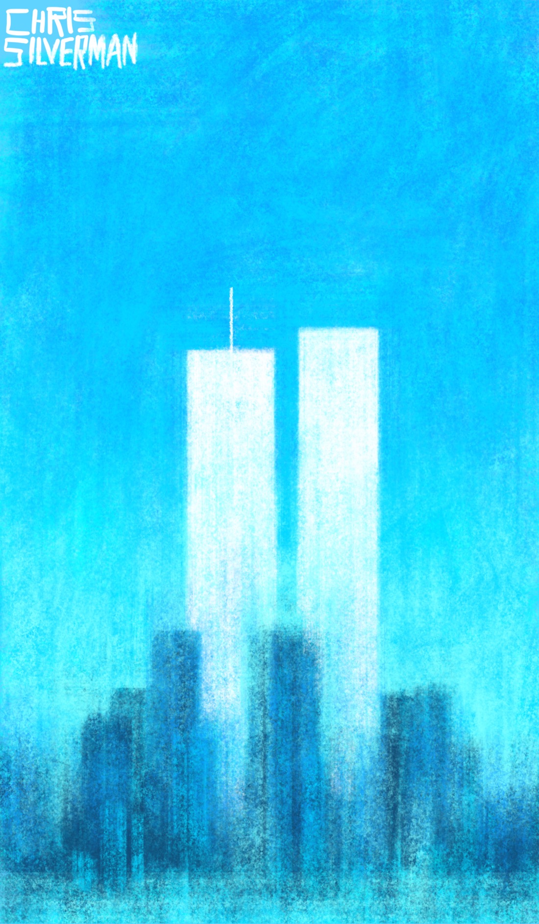 A blurry, dark city skyline. Rising above it into a blue sky are the white shapes of the twin towers.