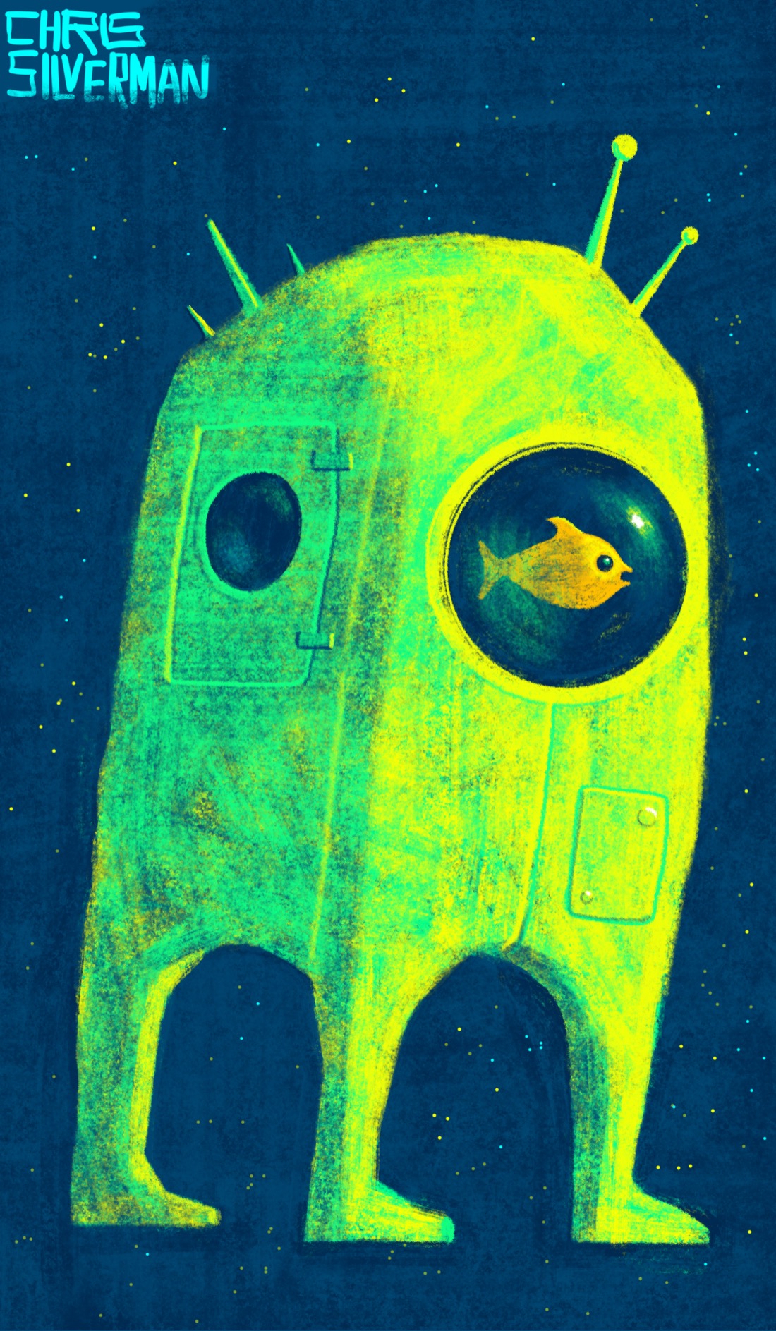 A yellow-green object with three legs floating in a starry blue sky. The object is shaped roughly like one of those large American mailboxes that you see on street corners. On one side, there is a round glass portal window. On the other side, there is a small door with its own round window. The object has a few antennae and spikes sticking off it. Floating in the larger portal window is a goldfish.