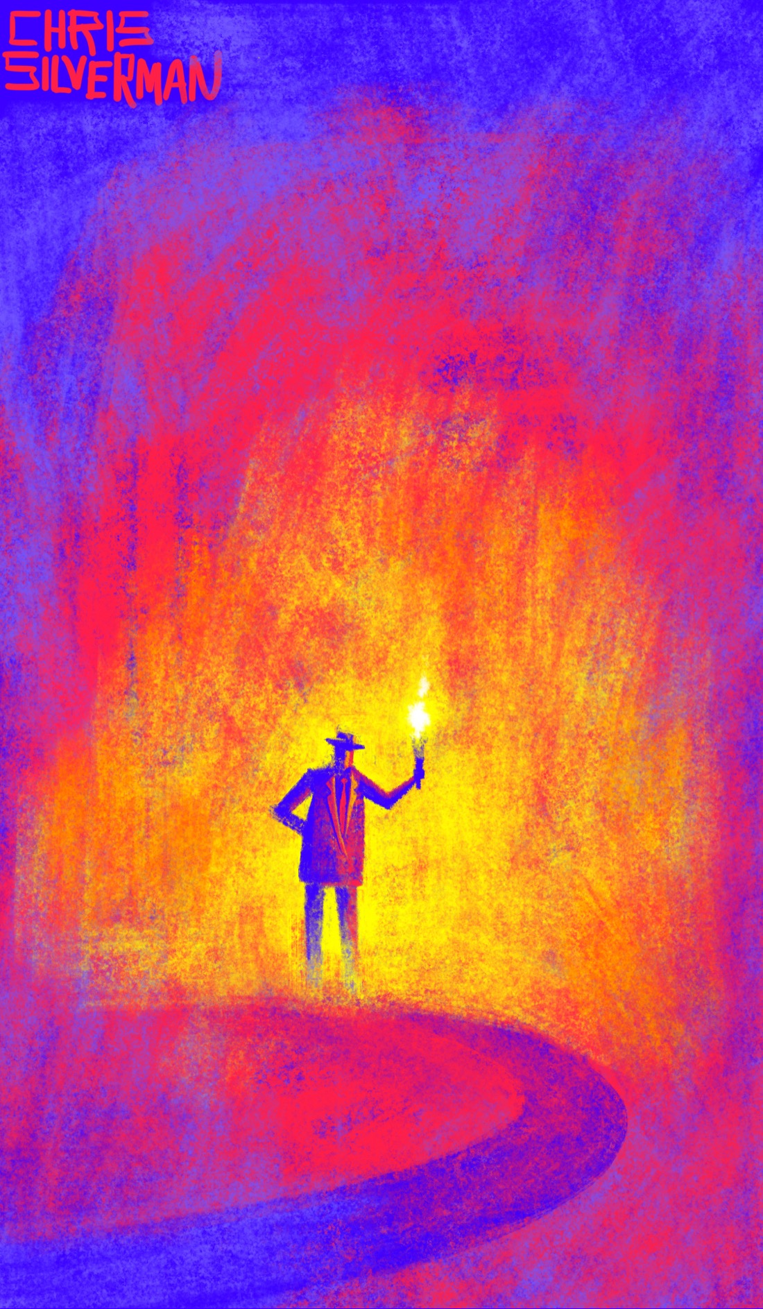 A figure wearing a fedora, a suit, and a tie stands at the end of a curving road. The figure is some distance from the viewer and illuminated by a blaze of yellow light, holding a flaming torch. The overall impression is that this is someone standing in the darkness holding a torch, but the overall painting is done in an impressionist style and composed of bright shades of blue, magenta, red, orange, and yellow.