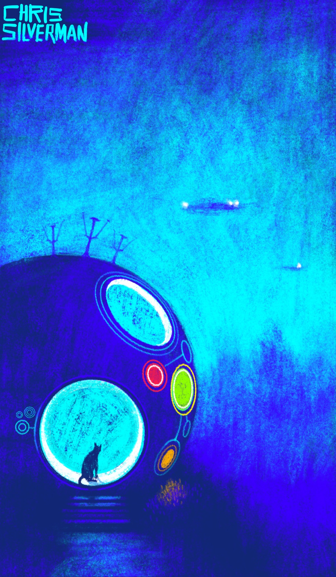 A weird spherical house with a large circular window and a circular door. On the surface of the house are glowing colored circles, their purpose unclear. Sitting in the open doorway is a cat. The interior of the house glows blue, but no details are visible. It is a deep blue night. The house is surrounded by forest. In the sky are several aircraft, shapes indeterminate, white lights glowing.