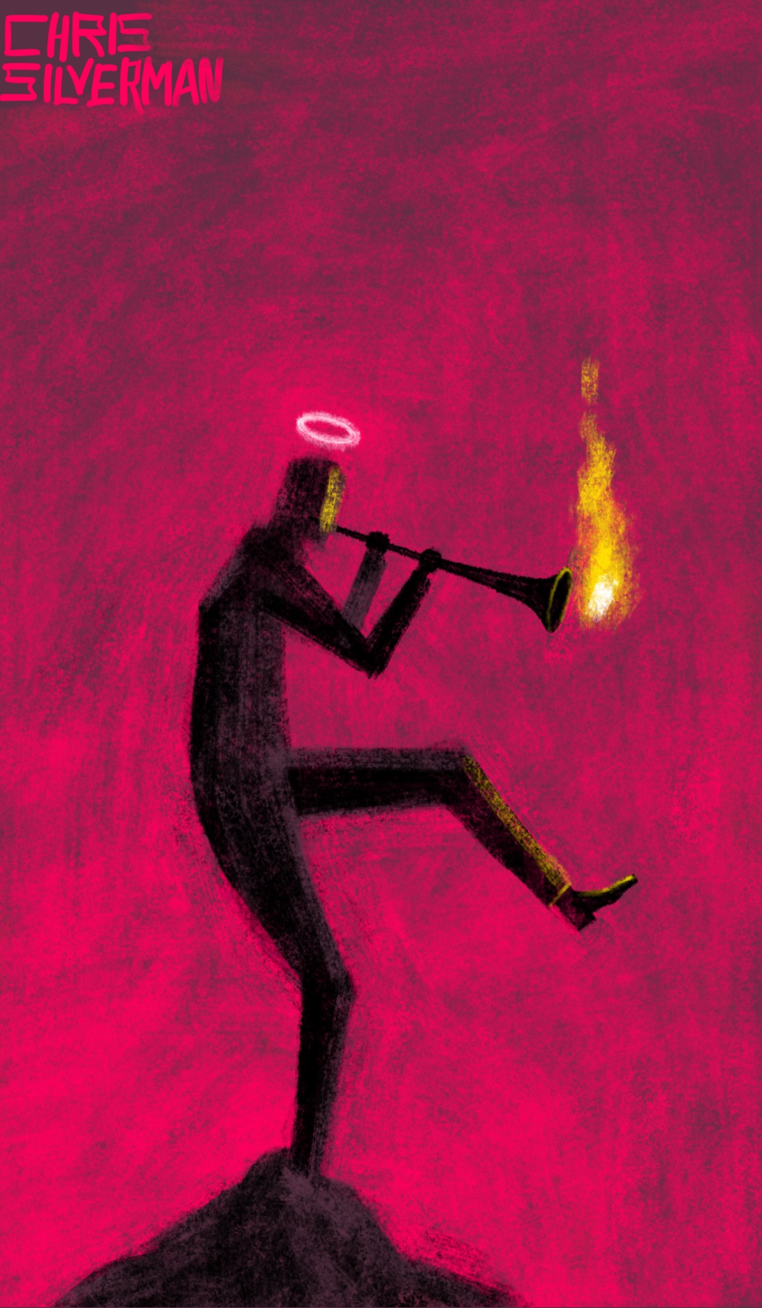 A dark figure dances on a small rocky promontory, framed by a hazy crimson backdrop. The figure is playing a long, thin horn from which a puff of fire is emerging. The figure has a white halo above its head.