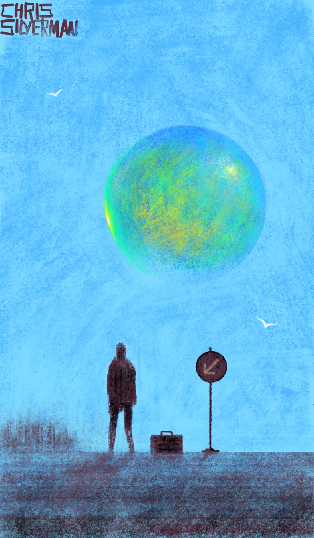 A person stands on a tarmac, a suitcase to the right of them. To the right of the suitcase is a round sign with an arrow pointing to where they are standing, like what you might see at a bus stop. Hanging in the clear blue sky in front of them is a vast, iridescent bubble, with shades of green and yellow. A few white birds are in the sky.