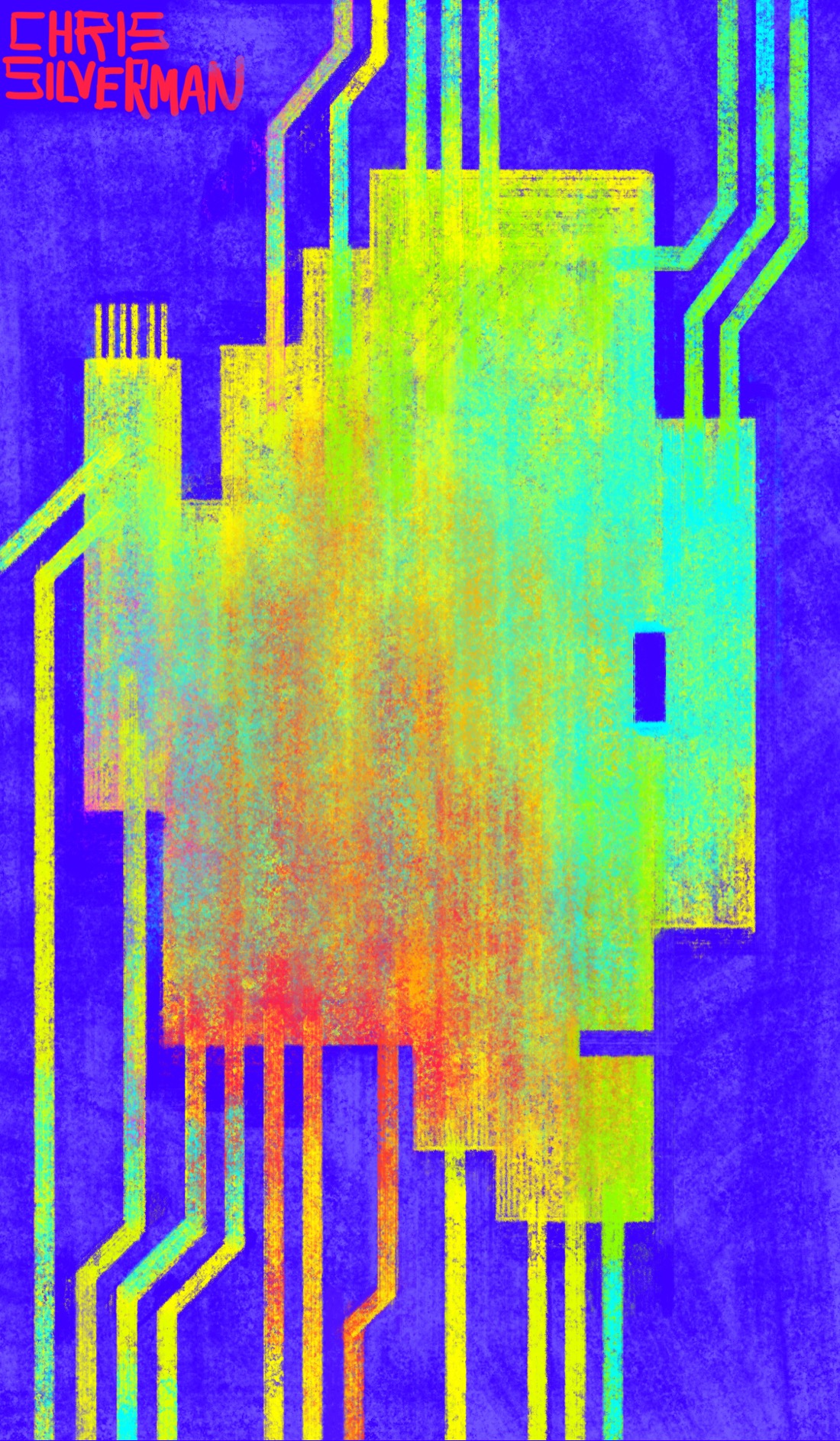 An irregular geometric shape on a purple background. On the right side is the abstracted profile of a human face that should be familiar to anyone who used a Mac in the 80s or 90s. The shape is a mix of red, yellow, and iridescent blue, and has many straight lines connecting to it. The lines look like lines on a printed circuit board.