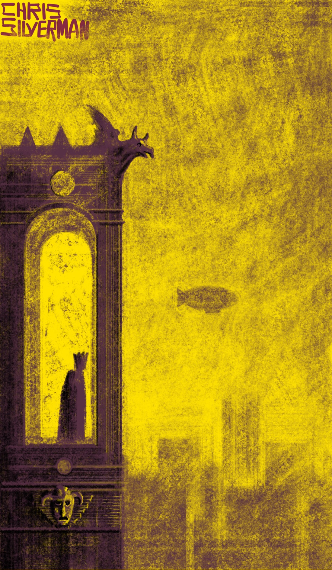 A large, arched window that appears to be in an ornate tower, like one you might find on a cathedral. The tower has several gargoyles. In the background is the blurry outline of a city, with a dirigible floating over it in the dirty yellow sky. Standing in the window is a figure wearing a pointed hat and a robe.