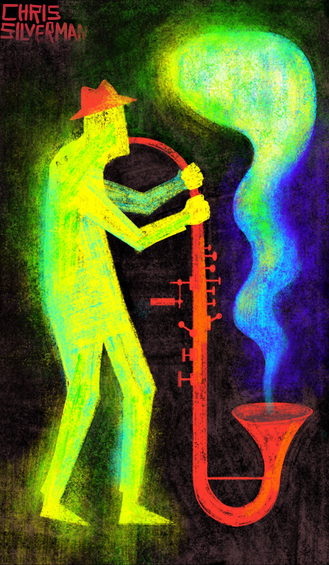 A person seen in profile plays a red, complex instrument that looks like a saxophone. The saxophone has a lot of odd buttons and switches that a normal saxophone wouldn't have. Coming out of the saxophone is a balloon of sound in blue, yellow, and iridescent green. The balloon appears to be glowing. The person, painted in bright yellow, also appears to be glowing. They are wearing a red fedora. The whole scene is set against a dark background.