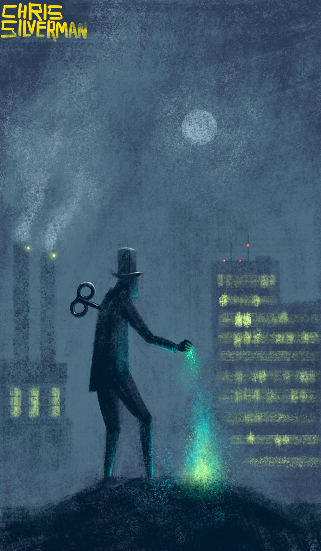 A dull gray night with no stars visible, only a faded moon. In the background are the blurry outlines of a factory and a tall building with many windows glowing lurid yellow. Standing on a small hill is a figure wearing a top hat, a clock key sticking out of its back. The figure is standing over an eerie green fire and sprinkling some glowing green powder into it.