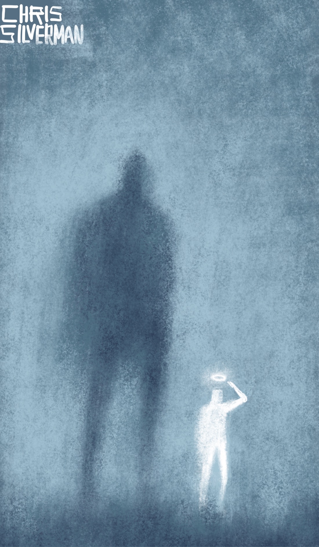 A featureless gray background. Looming in the background is the dark blurry figure of a person. In front of it stands a much smaller, white human figure, one arm raised towards the glowing halo above its head, as though it is putting on the halo or positioning it. It is unclear whether the huge figure in the background is a shadow cast by the smaller person, or whether it's a separate identity.