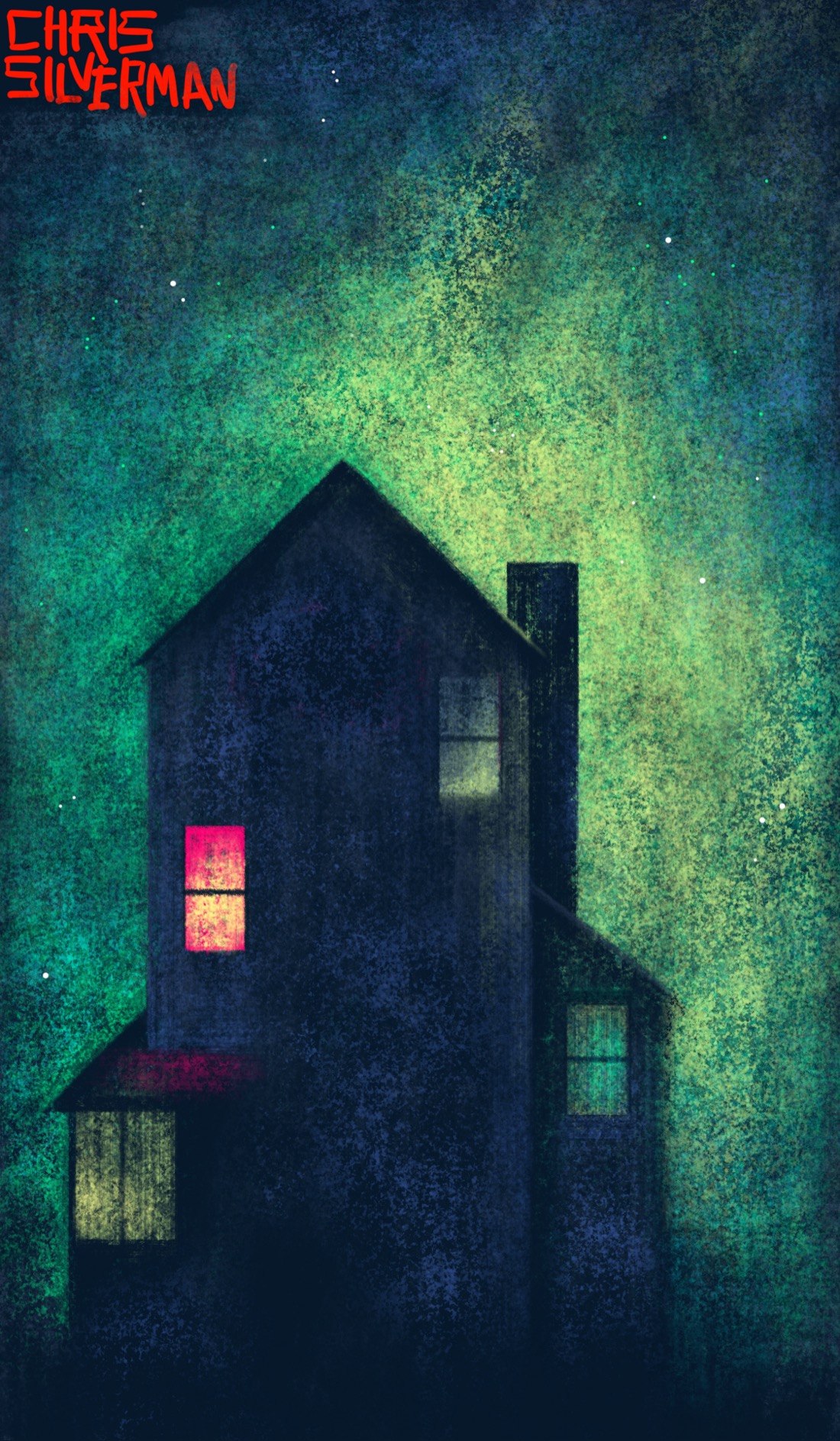 A tall, dark house with several windows; too few for a structure like this. All except one are dimly lit. One window blazes with crimson light. The house is framed by an eerie green glow and set against the starry sky.