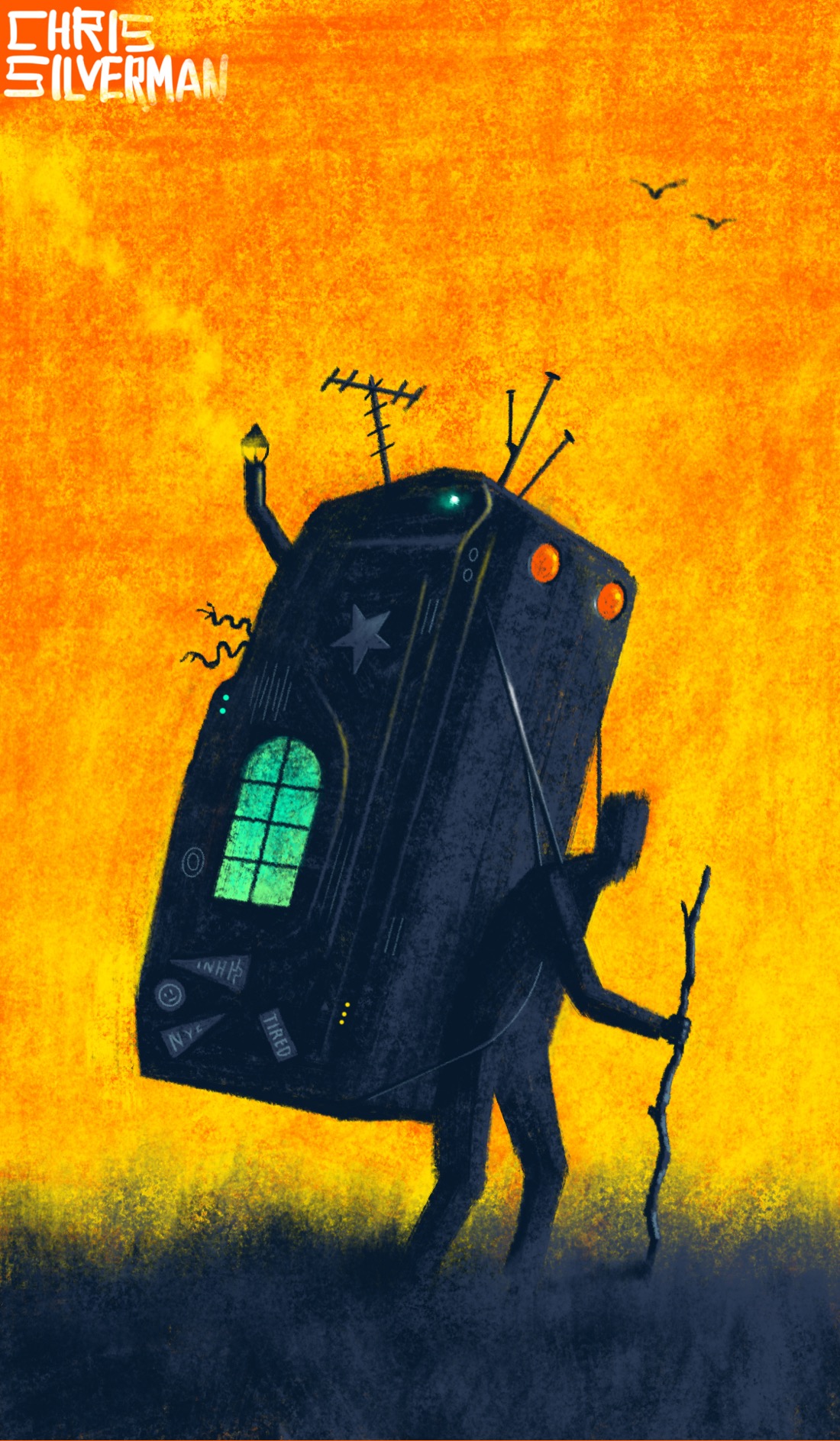 A person with an enormous dark gray object strapped to their back walks through a dark gray field, carrying a hiking stick. The object looks to be about the size of a refrigerator and has, among other things on it, a set of stickers, a glowing window, a chimney sticking out of it, several antennae, and two red lights. Whatever this is, you don't want to go on a hike without it. The sky behind them is bright yellow, with a few birds.