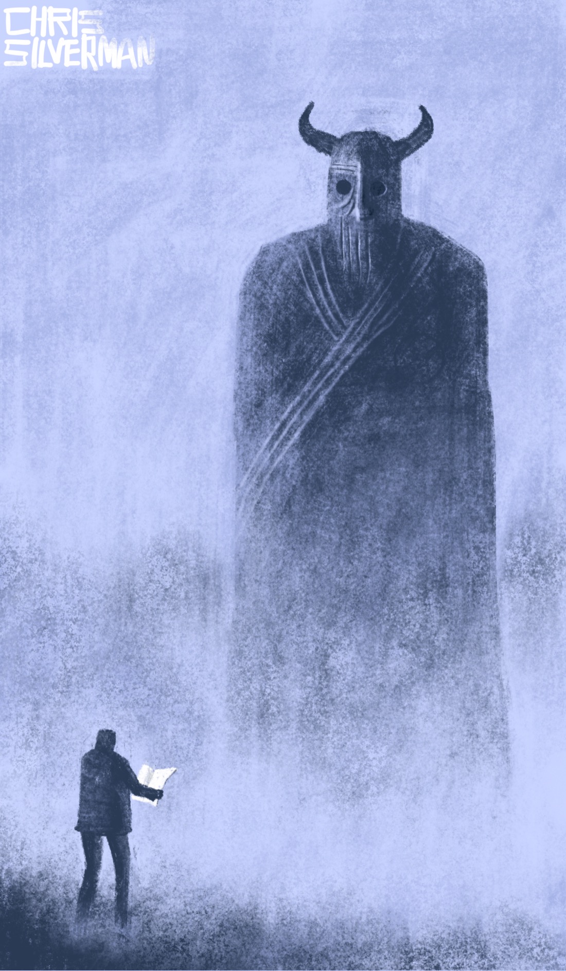 A person stands holding a map. Rising up from the fog in front of them is a massive figure that looks like it's made of stone. The figure looks like a Viking, with a horned helmet, a beard, and a robe.