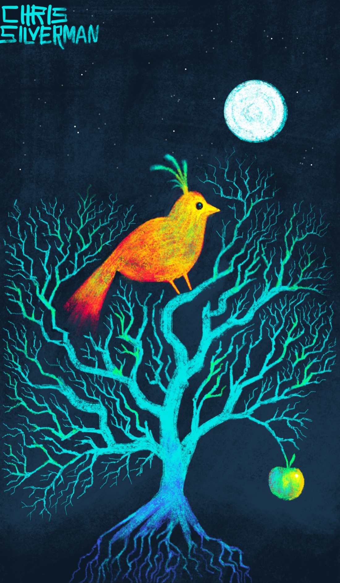 A small orange bird with blue-green plumes sits in the branches of a blue tree. The branches are highly complex. Hanging down from one of the lower branches is a yellow apple. The tree has equally intricate indigo roots. The entire drawing is set on a dark starry background. A round white moon hangs in the sky.