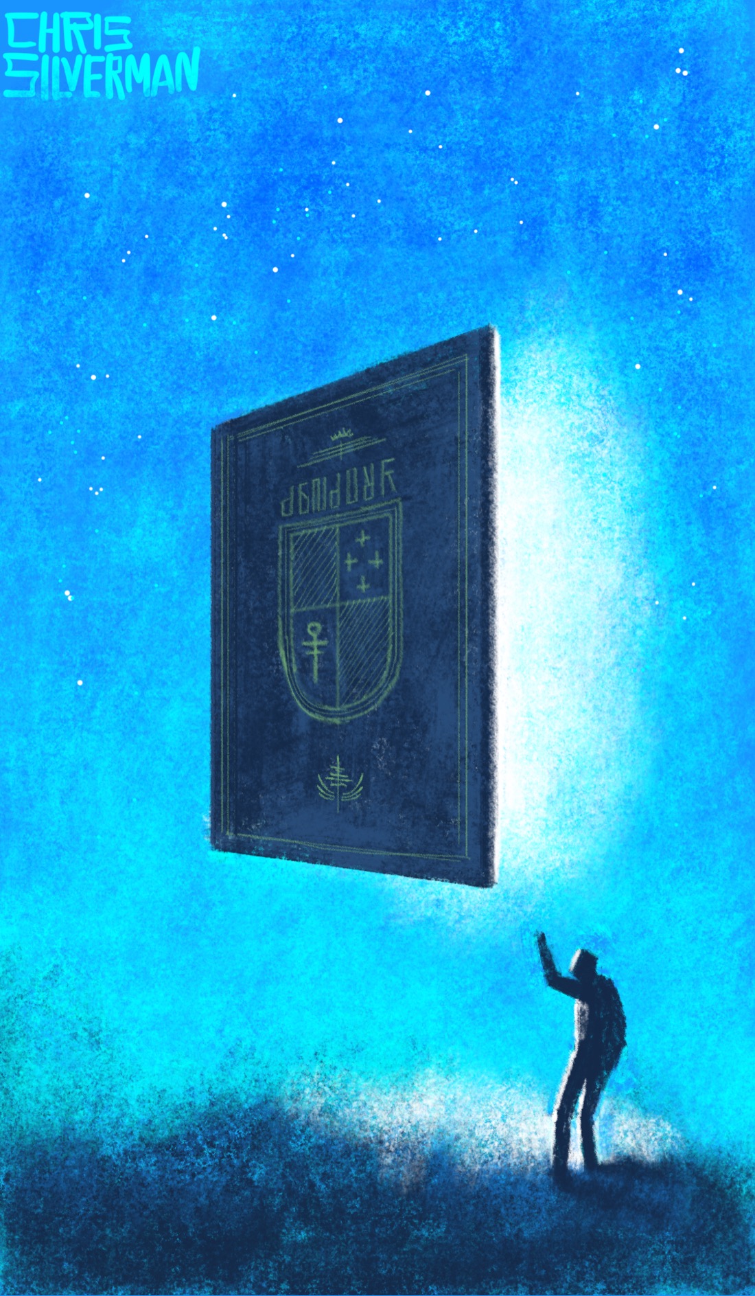 A blue starry night. Hovering in the sky is the  house-sized cover of a navy blue passport. On the cover, in dull gold, is the insignia of an unknown country, with strange lettering above the insignia. The cover is angled, as though it is a door that is opening, and white light blazes from behind it. Standing on the ground, reaching for it but too far away to access the door, is the small figure of a person.