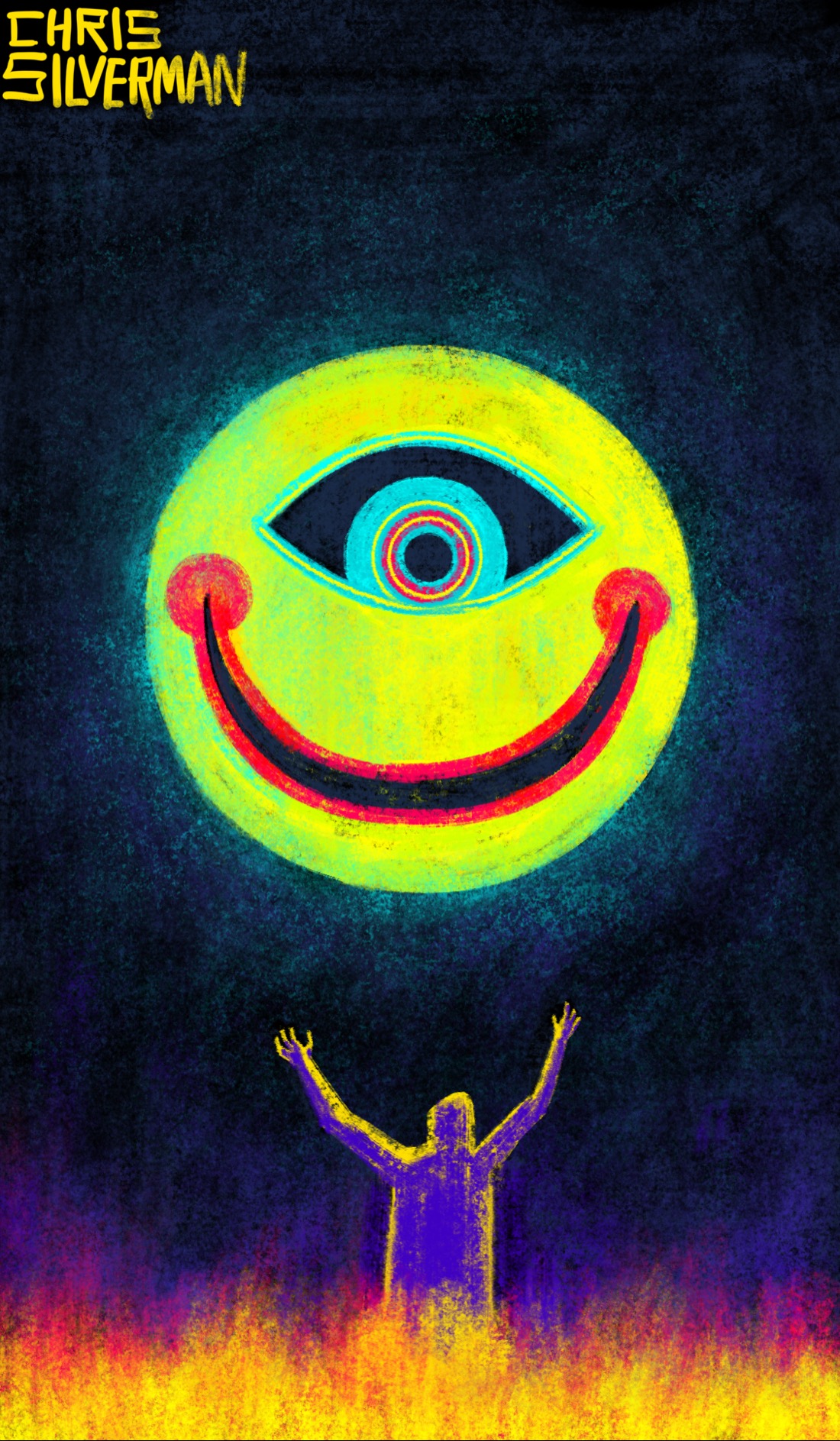 A dark sky. Hovering in the sky is a large round yellow-green face with a wide, red-lipped mouth and a single blue eye staring down. The mouth is stretched in a smile that extends halfway around the face. The eye is a blue iris on a black background. The face has a slight greenish glow around it. Below, in a bright yellow field, a person stands, arms upraised. The field has a slight crimson glow to it. The back of the person is covered in a purple shadow.