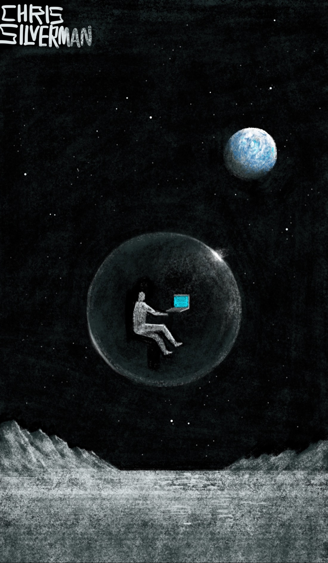 The surface of the moon, flat, with mountains in the background. Hovering above it in a bubble is a person floating in front of a laptop. The sky is filled with stars. The earth is visible in the top right.