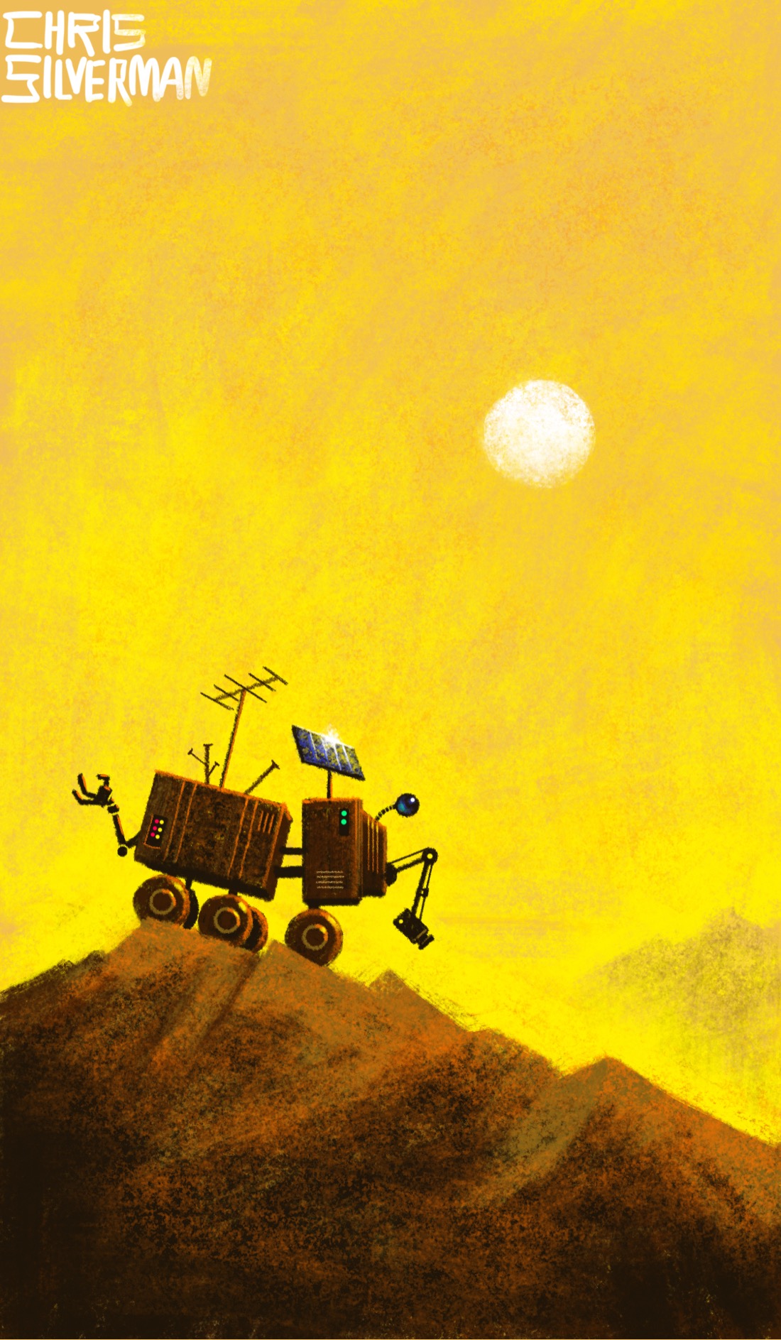 A hilly brown desert under a yellow sky. Rolling across the hill is a small, brown, six-wheeled contraption reminiscent of a Mars rover. The machine is comprised of two metal boxes: a small one up front and a longer one in the back, sort of like a truck. Protruding off the boxes are various antennae, a small solar panel, a camera on an arm, and a robotic hand. The boxes have a few lights and vents on them. A slightly faded sun hangs in the sky. There is no sign of anything living.