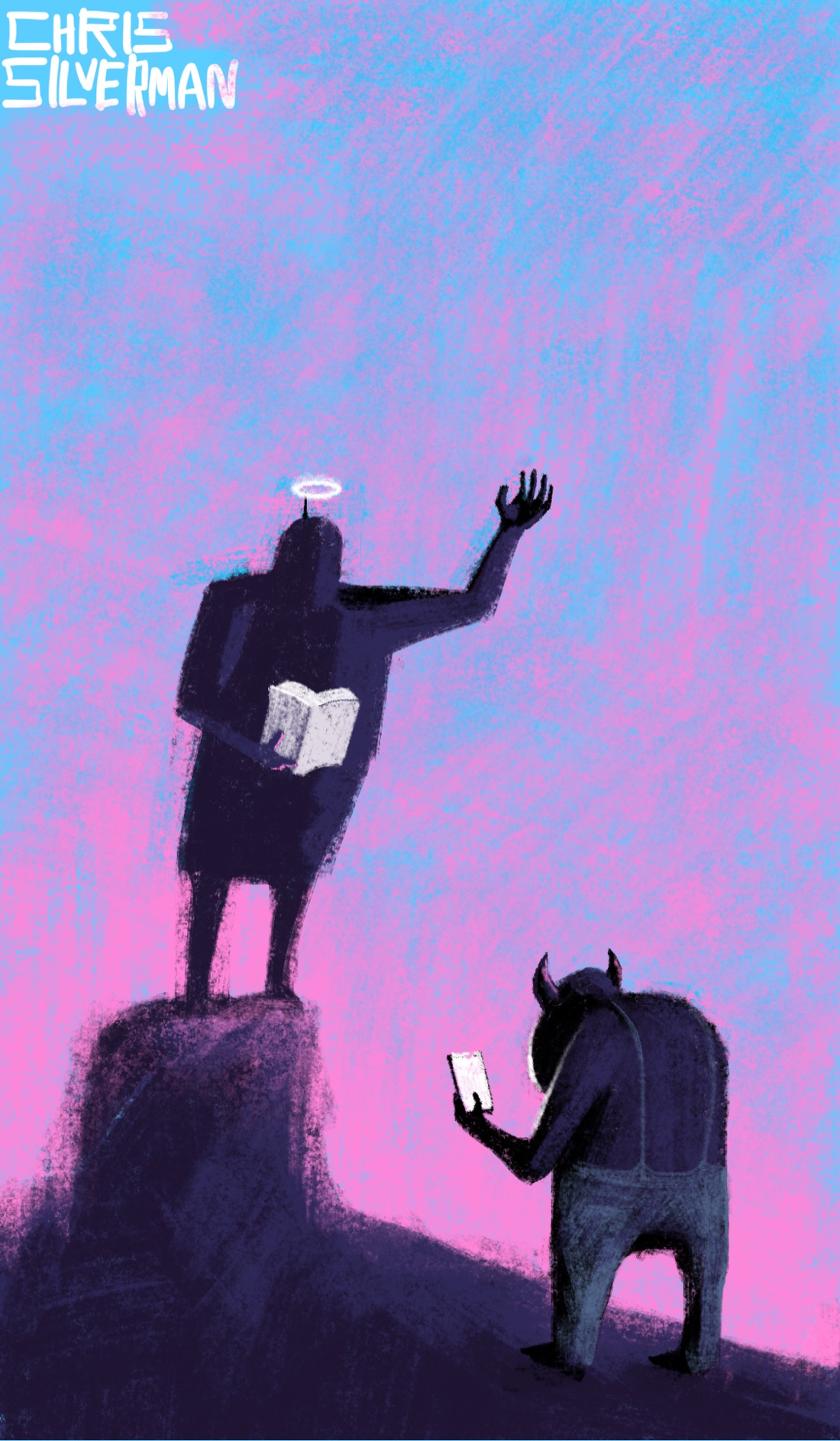 A person—very few details, visible, really, just a dark silhouette—stands on a small rectangular promontory the way someone would stand on a stage. The person is holding a thick book in their right hand, left hand upraised as though they are preaching. Fixed to the person's head with a clearly visible rod is a glowing white halo. in front of them stands another equally featureless figure, hunched forward and staring at its phone. The figure has horns, is short and thick, and is wearing suspenders. In the background, the sky is pink fading to blue.