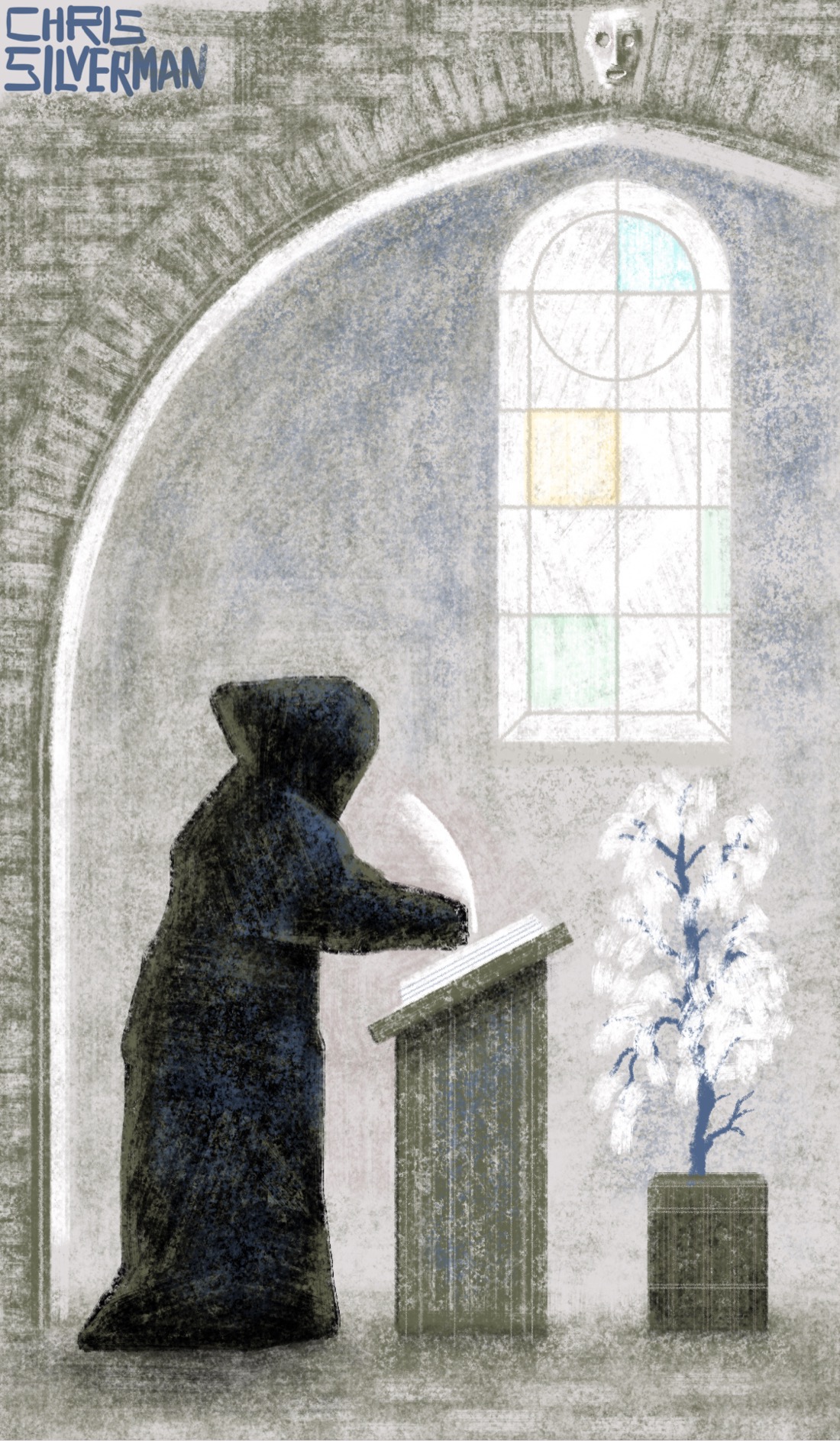 A black-robed monk stands in a spare stone room defined by a stone arch. The room has a single arched window. The monk is standing at a brown wooden podium on which is a white book. The monk is writing in the book with a white quill pen. In front of the podium is a square pot in which is planted a small, blue-trunked tree with white leaves or flowers.