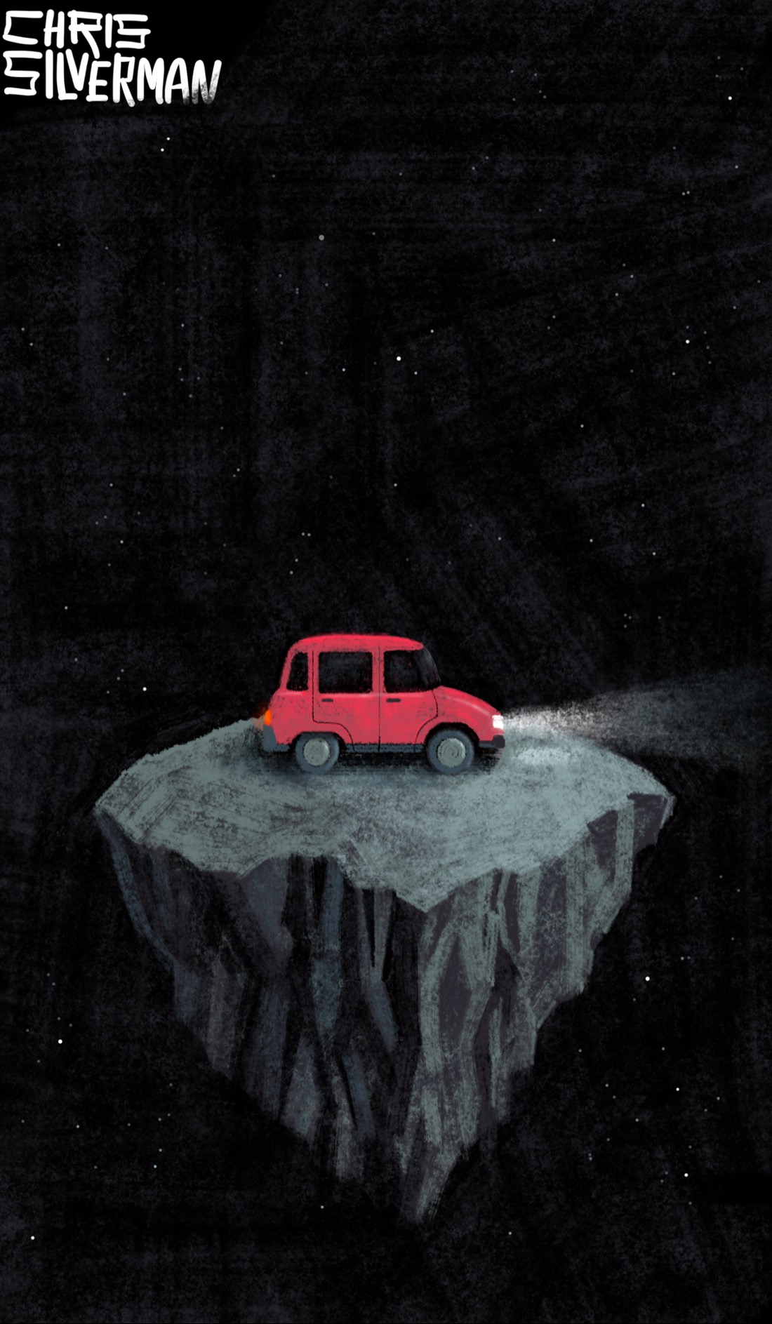 A rocky fragment of what appears to be a planet hangs in starry space. On top of it is a small red car, headlight beam stretching out into the unknown.