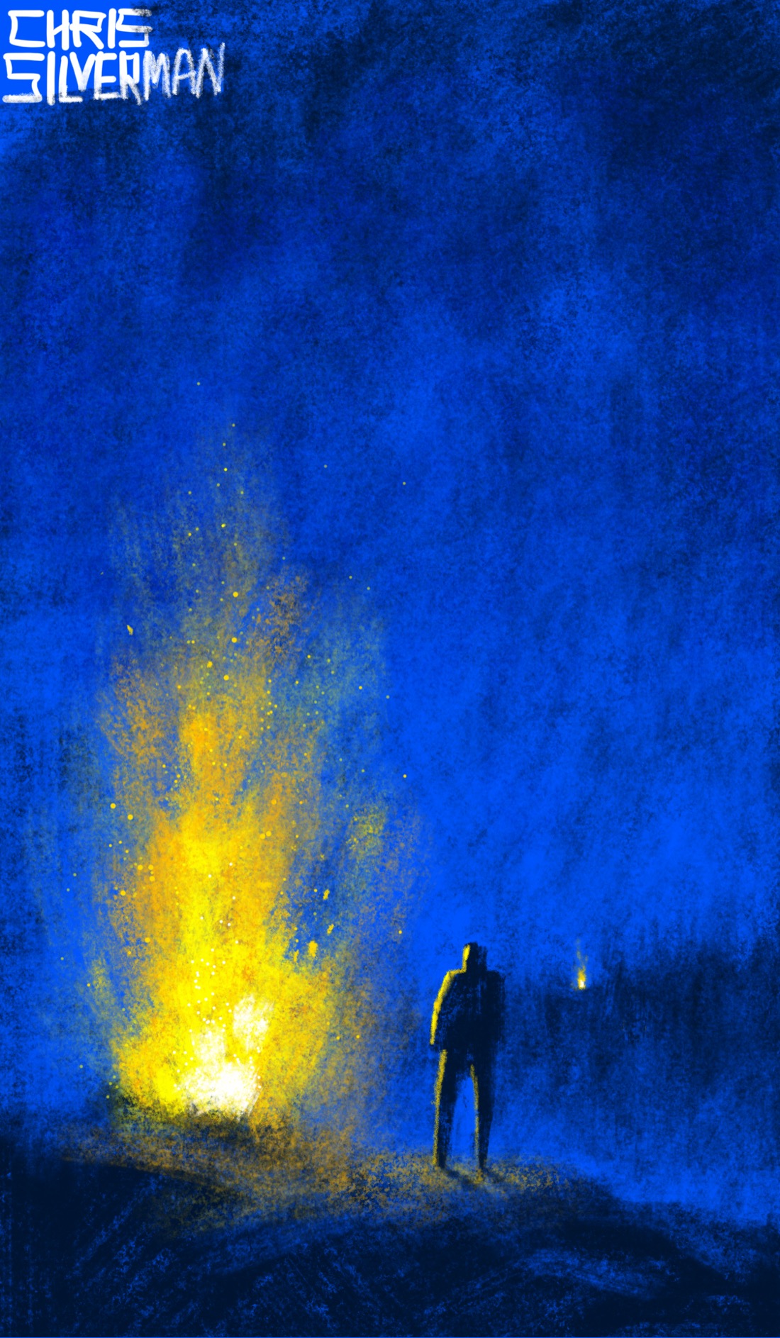 A blue, foggy evening. A person stands on rocky, uneven ground directly to the right of an enormous bonfire. Far in the distance, on top of a blurry mountain ridgeline, is a small yellow dot that indicates another fire.