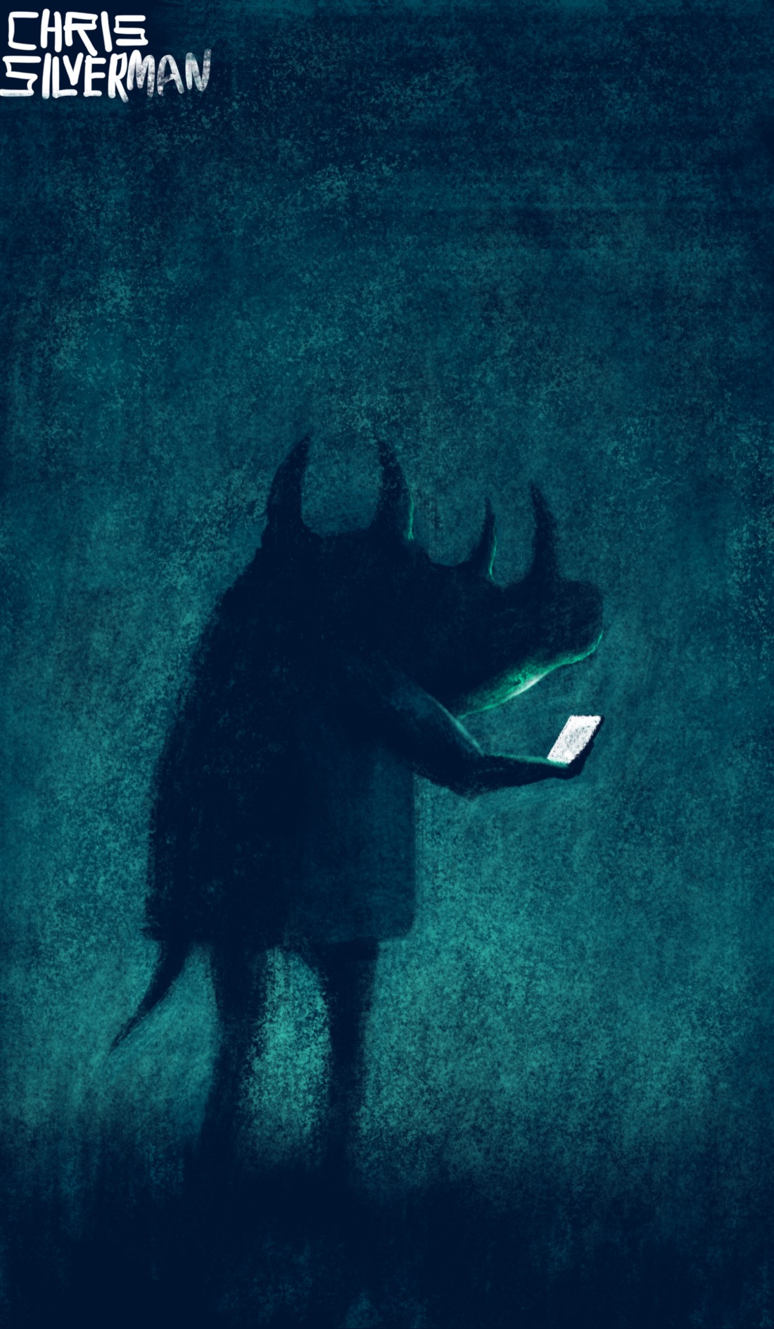 An ominous figure standing alone in the dark. The figure is humanoid, but has a short tail and a horned head that's shaped roughly like that of a rhinoceros. (You just know there's going to be that one guy who's all "RHINOS DON'T HAVE HORNS IN THOSE LOCATIONS.") It stands in the greenish gloom of a starless, moonless night, in what appears to be a meadow. The only light is produced by a phone, which the figure is staring at.