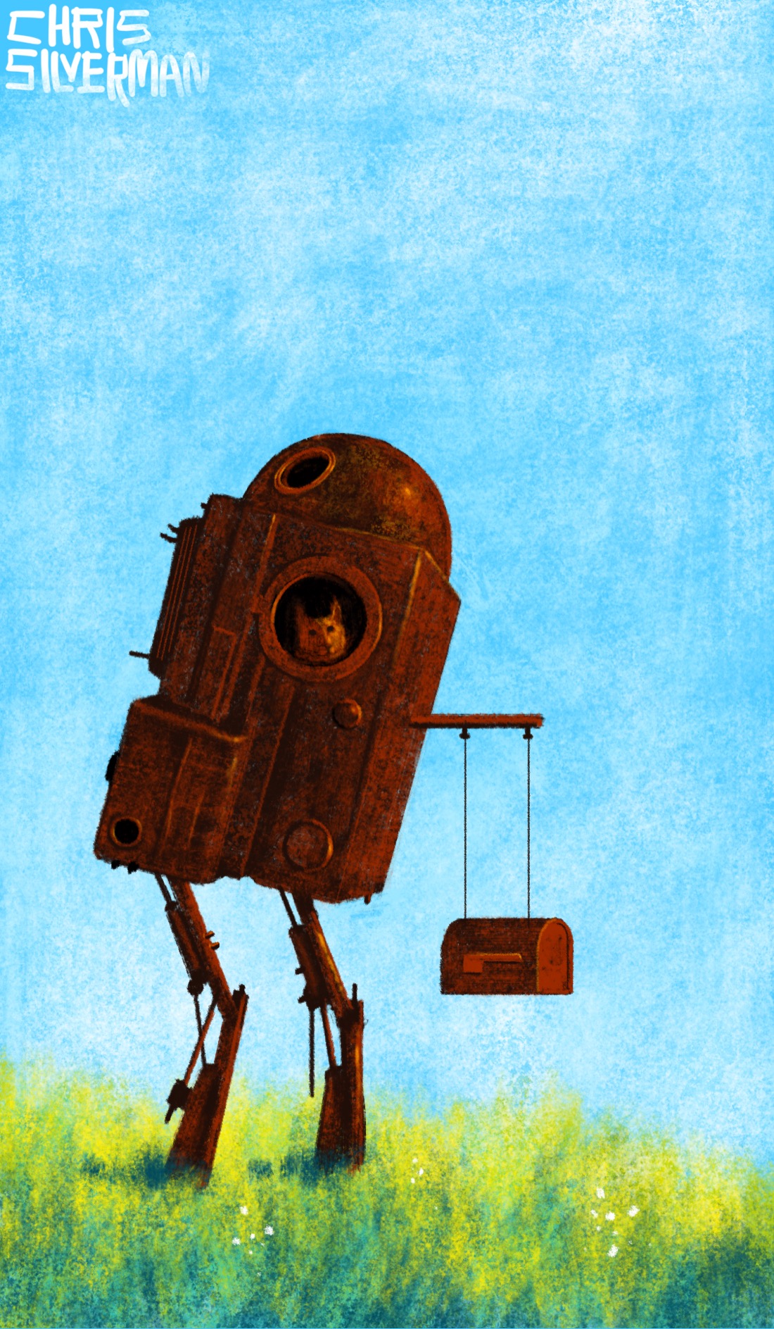 A tall, rusty contraption stands in the middle of a bright green field under a cloudless blue sky. The purpose of the contraption is unclear; it looks vaguely robotic, with two dilapidated legs and a boxy body with various protrusions and openings. A rust-colored cat is looking out of the largest opening, a circular window that looks like a pipe may have plugged into it. On top of the body is a rusty dome with another round hole in it. Protruding from the front of the contraption is a long metal pipe from which hangs a rusty mailbox. Whatever this machine once did, it sure isn't doing it now.