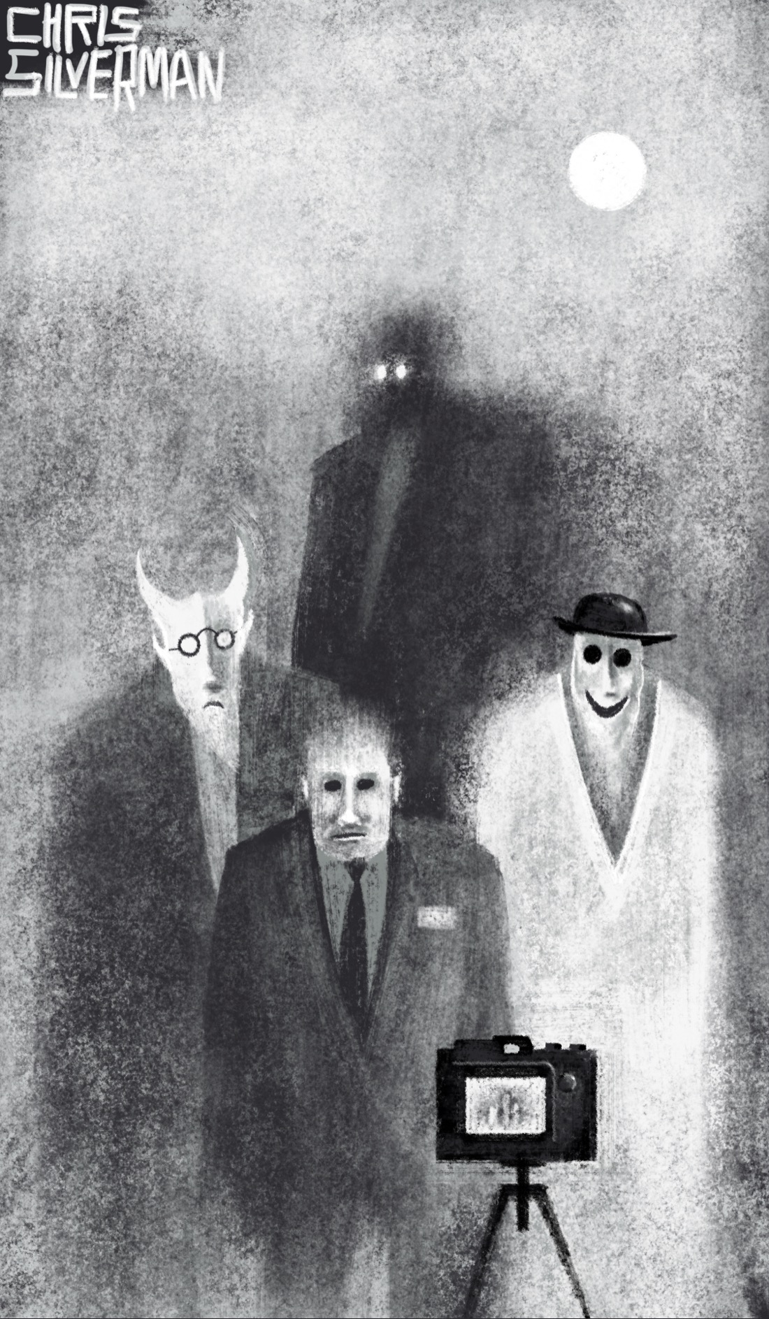 A grainy, monochrome drawing of four eerie figures gathered in front of a digital camera on a tripod. The foremost figure is a small person wearing a dark suit and tie with an ID badge. The person's face is blank, the eyes empty, as though it's a mask. Standing behind them is a figure with devil horns and glasses, and a figure wearing a white robe and a bowler hat. That figure's face is also masklike, with empty eyes and a mouth stretched in an unsettling smile. The rearmost figure is a dark, indistinct blur, with the suggestion of a suit coat and glowing white eyes. Something that could either be the sun or the moon hangs in the sky above.