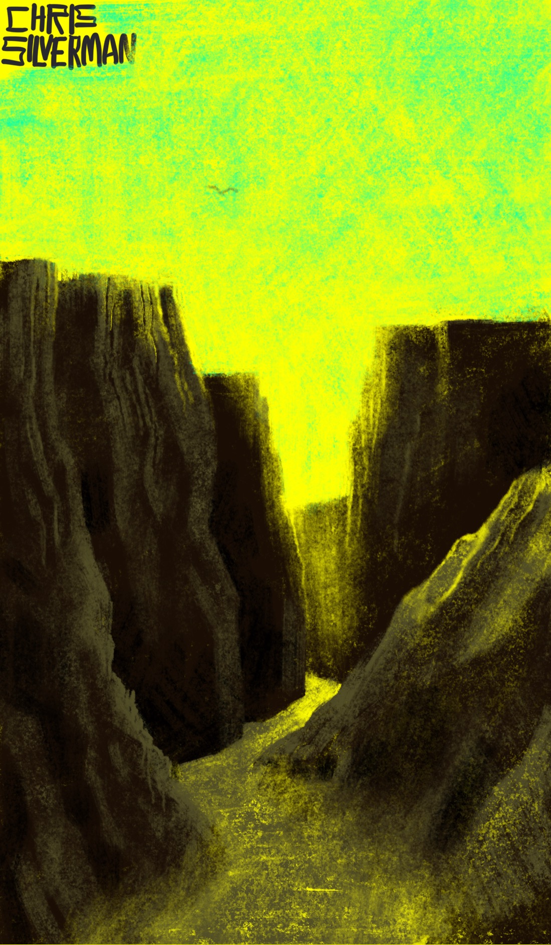 A deep canyon winds between two steep, craggy cliffs. The bottom is flat, like a road. The sky above is a blazing yellow-green. One bird floats in the sky in the distance. There's no sign of any other life.