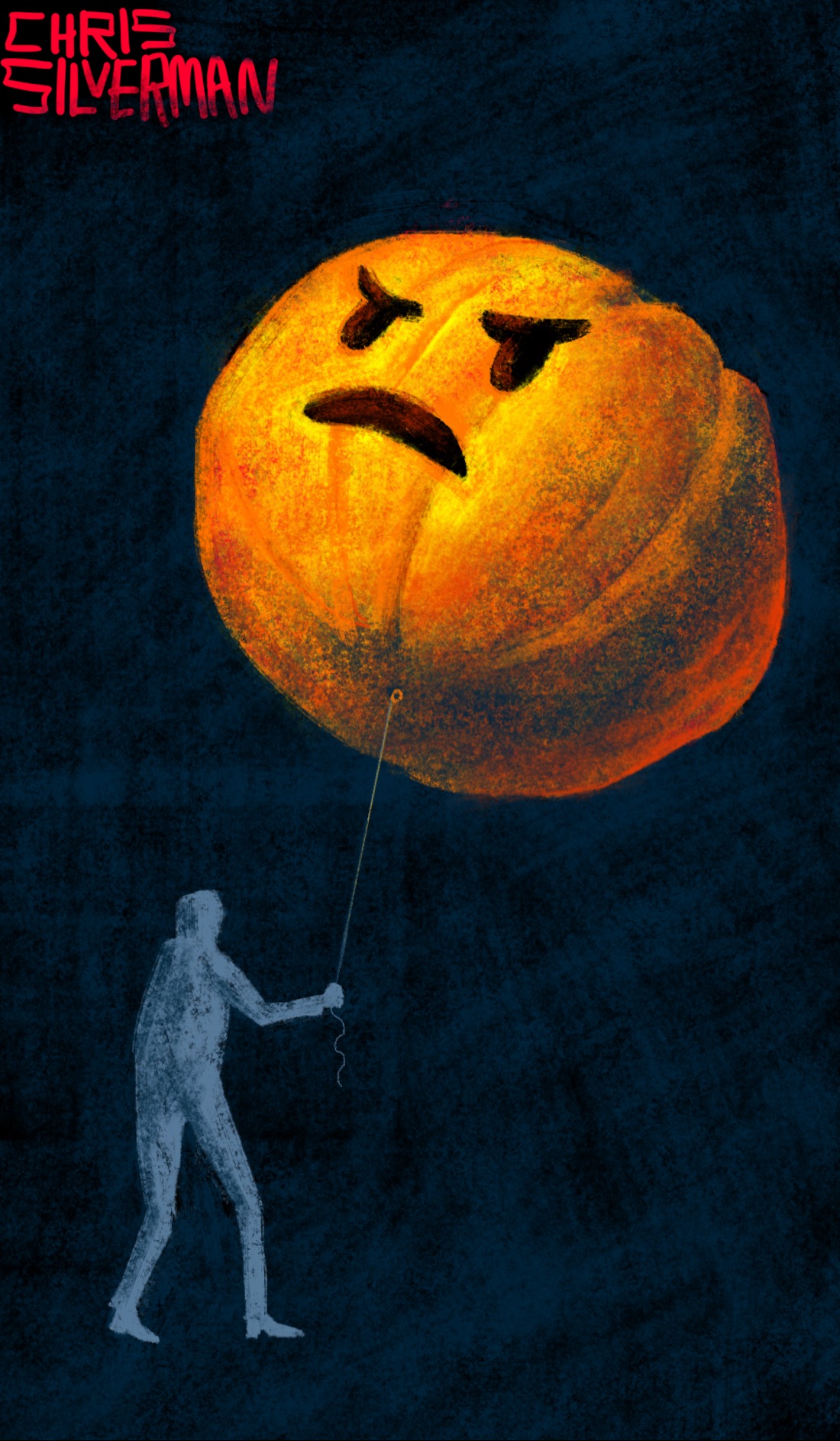 A person on a dark blue background carries a giant pumpkin balloon on a string. The pumpkin is bright orange, large enough that the person could fit inside it easily, and has an angry face on it: Facebook's "angry" reaction. There's a lot happening this time of year.