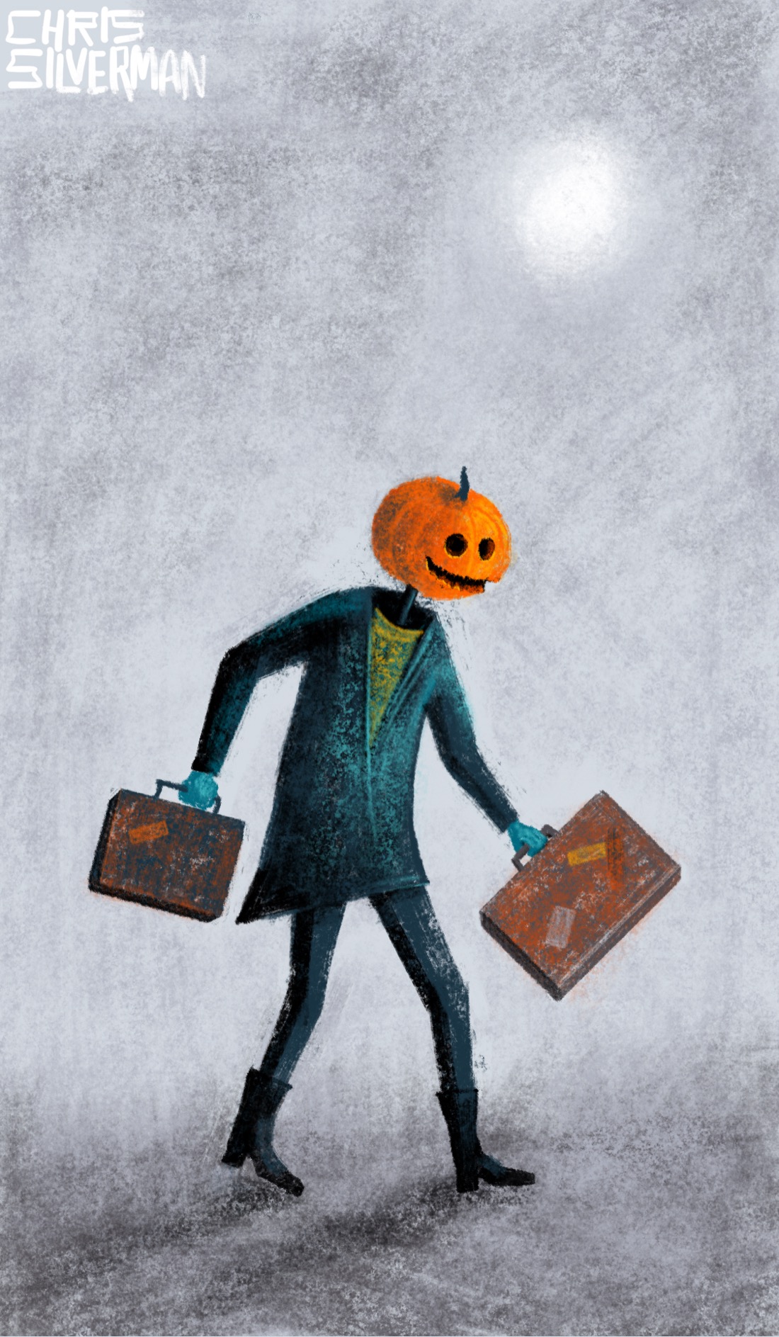 A dull, foggy November day. A thin figure with a greenish coat, boots, and a pumpkin for a head walks across the barren ground carrying two worn suitcases. A hazy sun hangs in the sky.