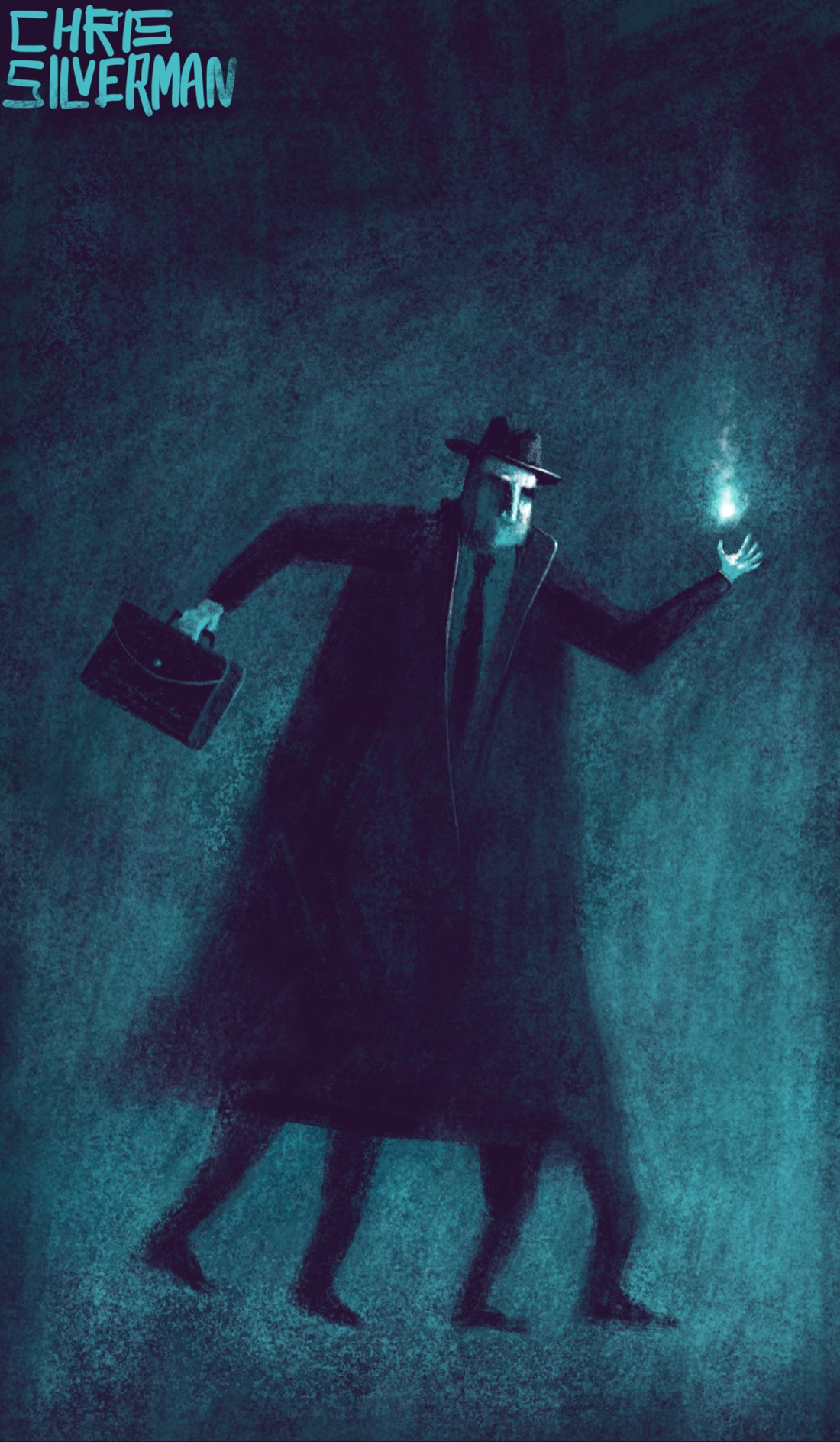 A tall figure wearing a long black coat and tie carries a briefcase in one hand and conjures up a small greenish flame in the other. The figure is also wearing a fedora. It has four legs, as though two people are under the coat with a third person standing on top of them. This is a primarily dark-teal drawing.