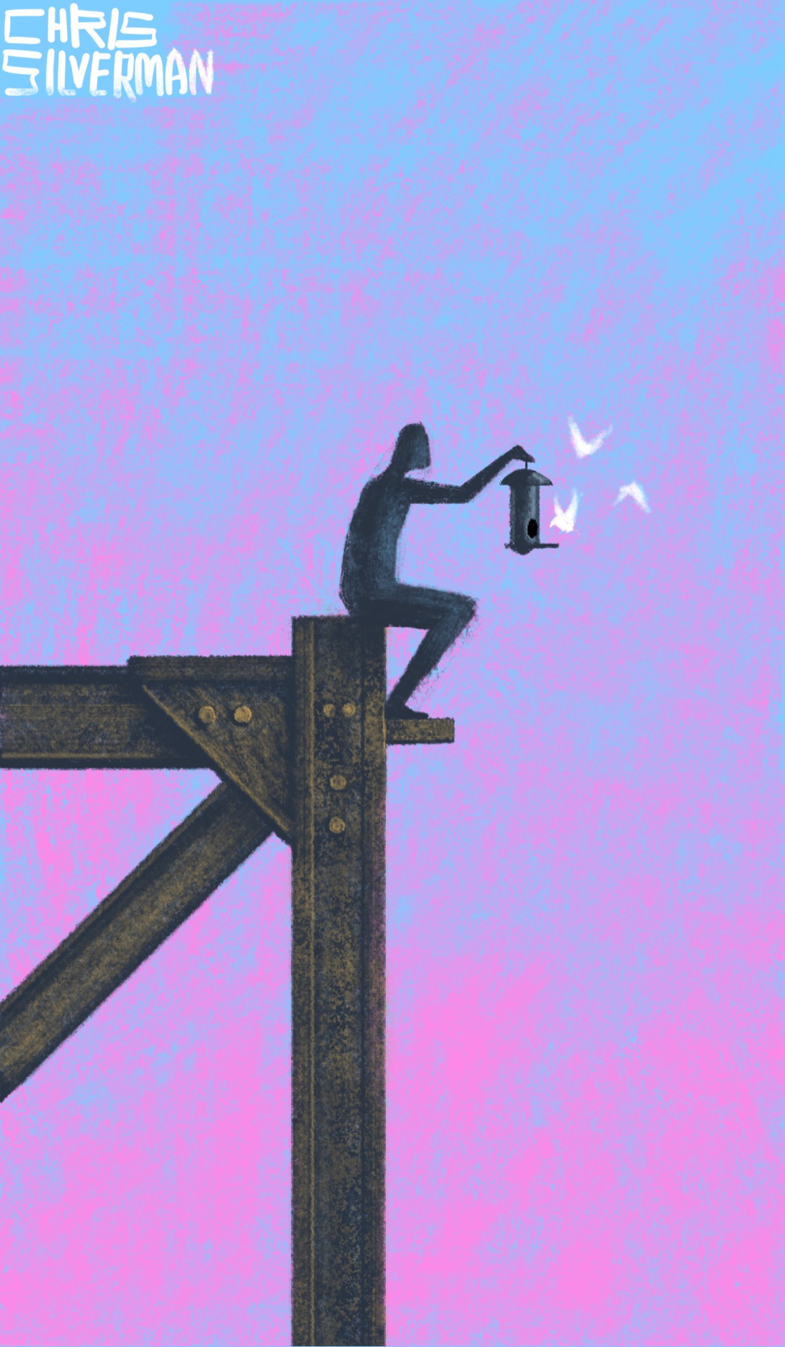 A person sits on the corner of what looks like the edge of an unfinished building: a point where multiple iron beams join. The person appears to be high up, silhouetted against the pinkish-blue sky. The person is holding out a birdfeeder which several small white birds are hovering around.