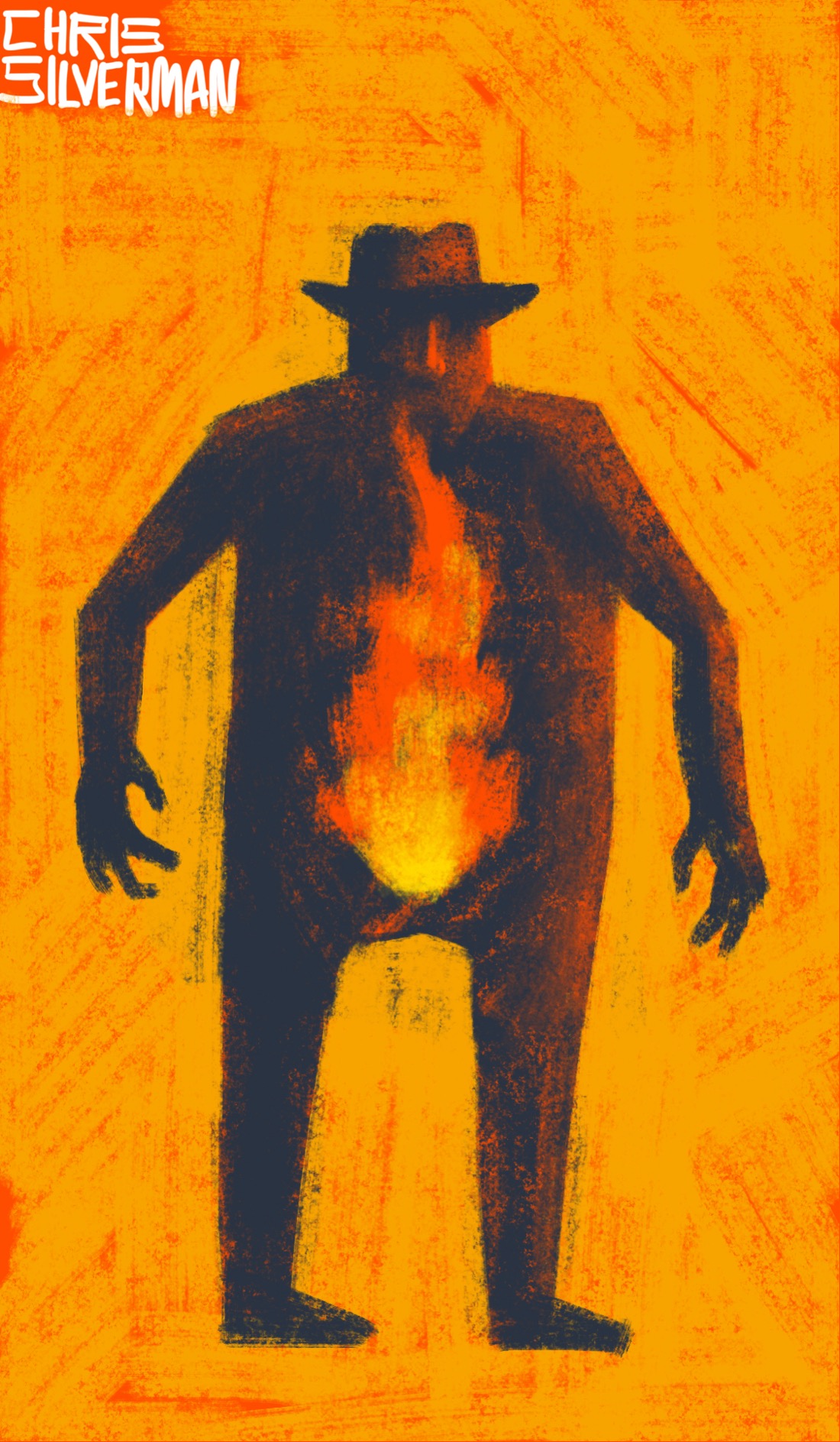 A person stands against a yellow orange background. The person's arms are out to their sides, their fingers curled as though clutched in frustration. The person is mostly silhouetted; we can't really see their face. They are wearing a hat with a brim. On their stomach—or perhaps representing something inside them—are red leaping flames.