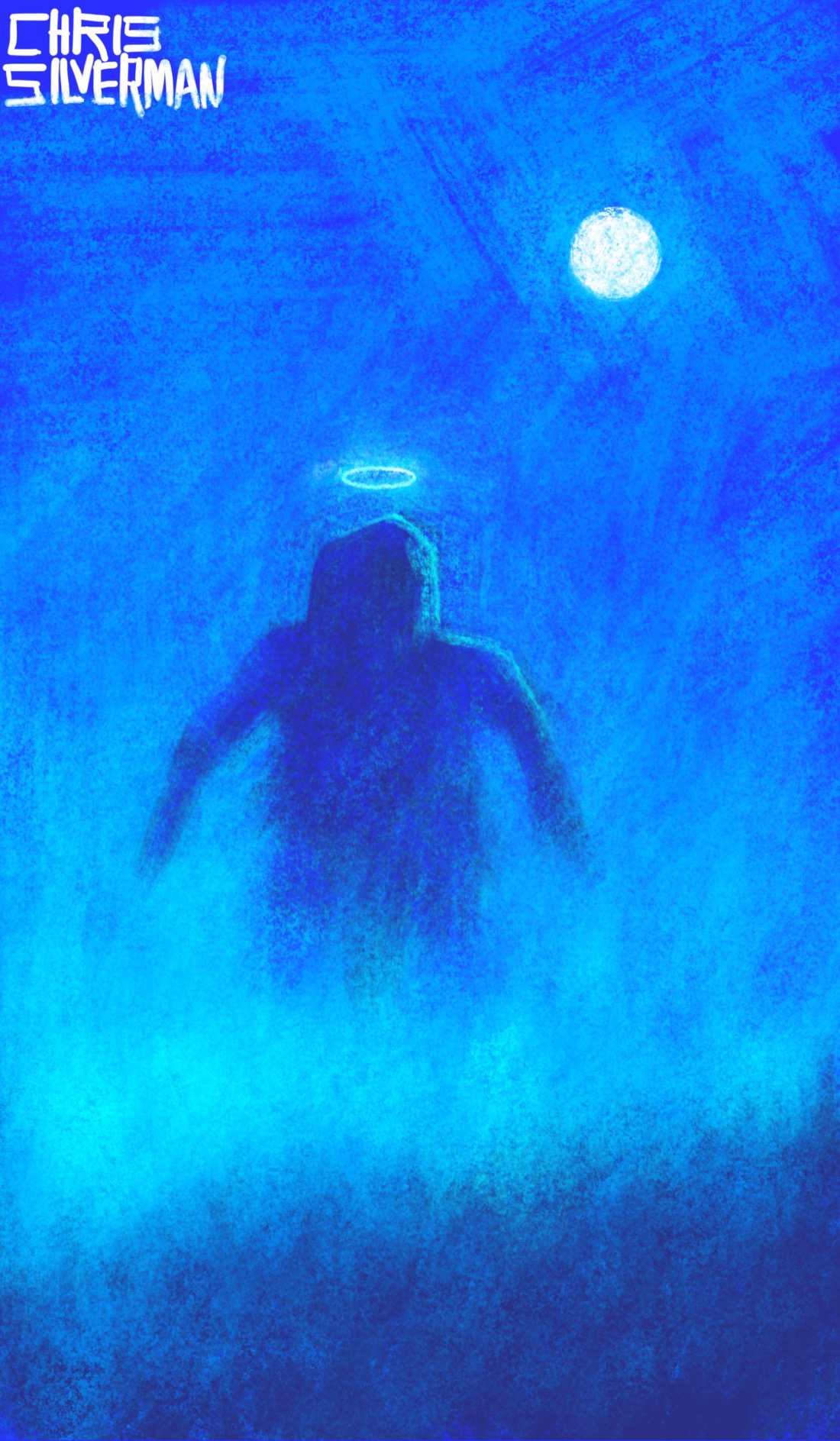 A clear blue night with a full moon. The ground is covered in light bluish fog. Emerging through the fog is an ominous figure: humanoid, but misshapen and bulky, as though hastily assembled from rock or clay. The figure's face is not visible. The moonlight glints dully off it. Hovering above its head is a glowing white halo. This is a mostly blue painting.