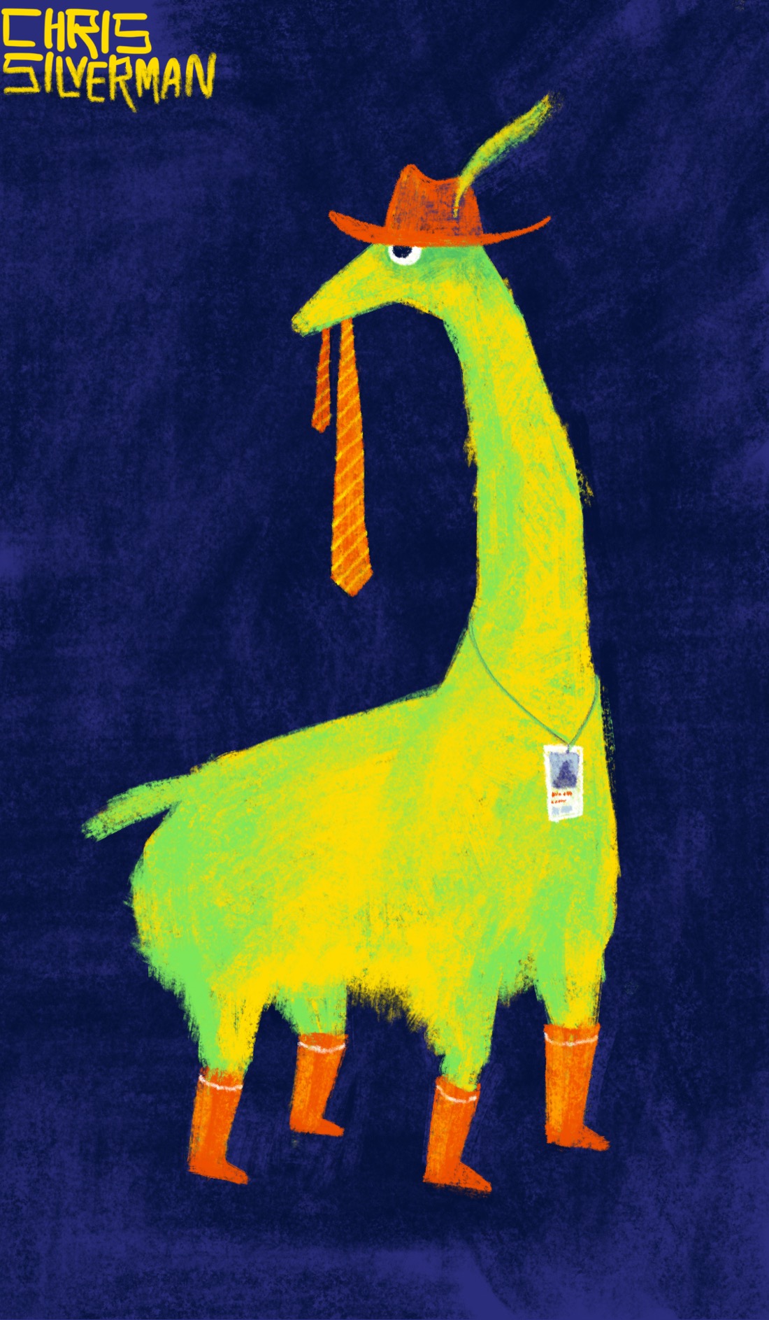 A bright yellow-green four-legged creature with a short, stubby tail and a long, giraffe-like neck. The creature is wearing four orange boots with white stripes on them, and a brown hat with a brim. The hat has a yellow-green feather sticking out of it. The creature has an orange necktie with yellow stripes dangling from its mouth, and a small white ID card hanging around its neck. Its body is facing to the right, but its head is turned around and is facing to the left. It is standing against a dark blue background.