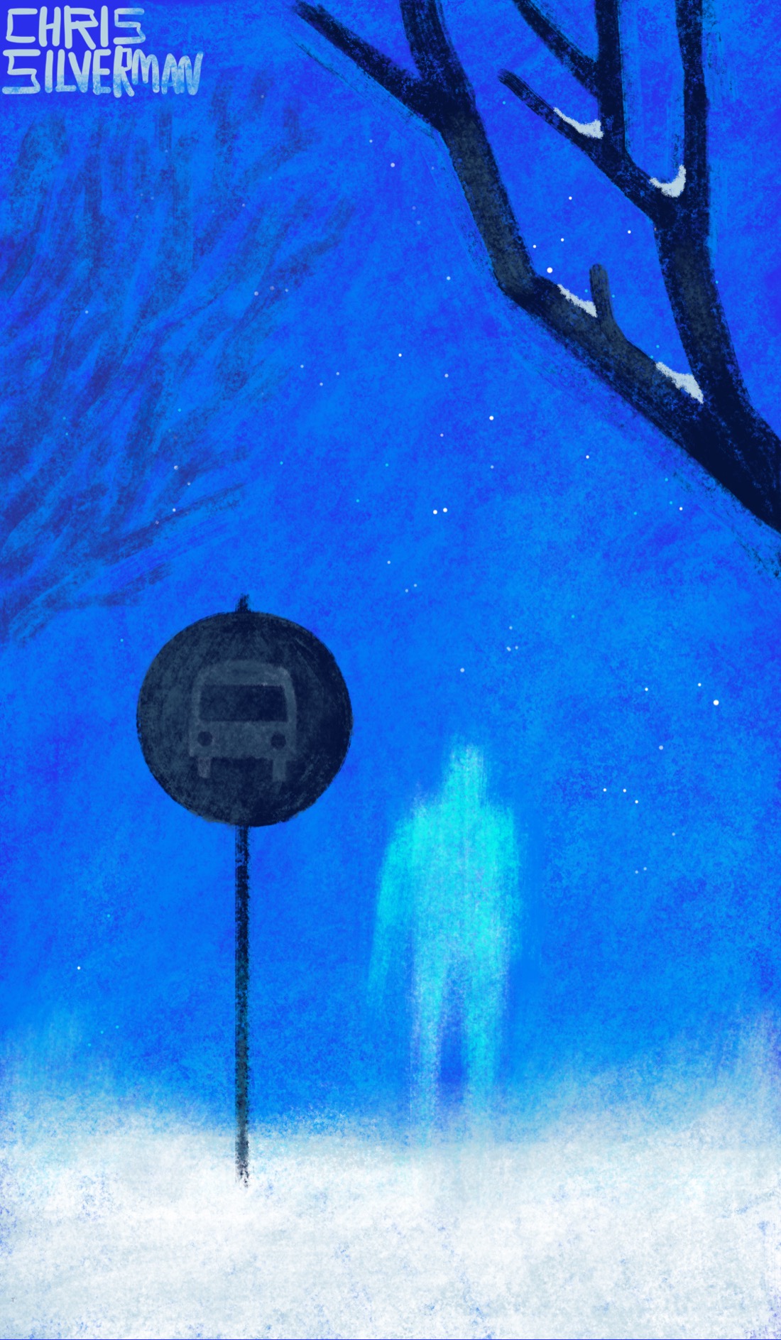 A winter night. The ground is covered in snow. The sky is deep blue and filled with stars. A hazy, bluish humanoid form that looks like a ghost stands next to a round sign with a bus icon on it. On the left side of the painting is a blurry collection of dark tree branches in the distance. On the right side are black, more sharply defined branches with snow on them.