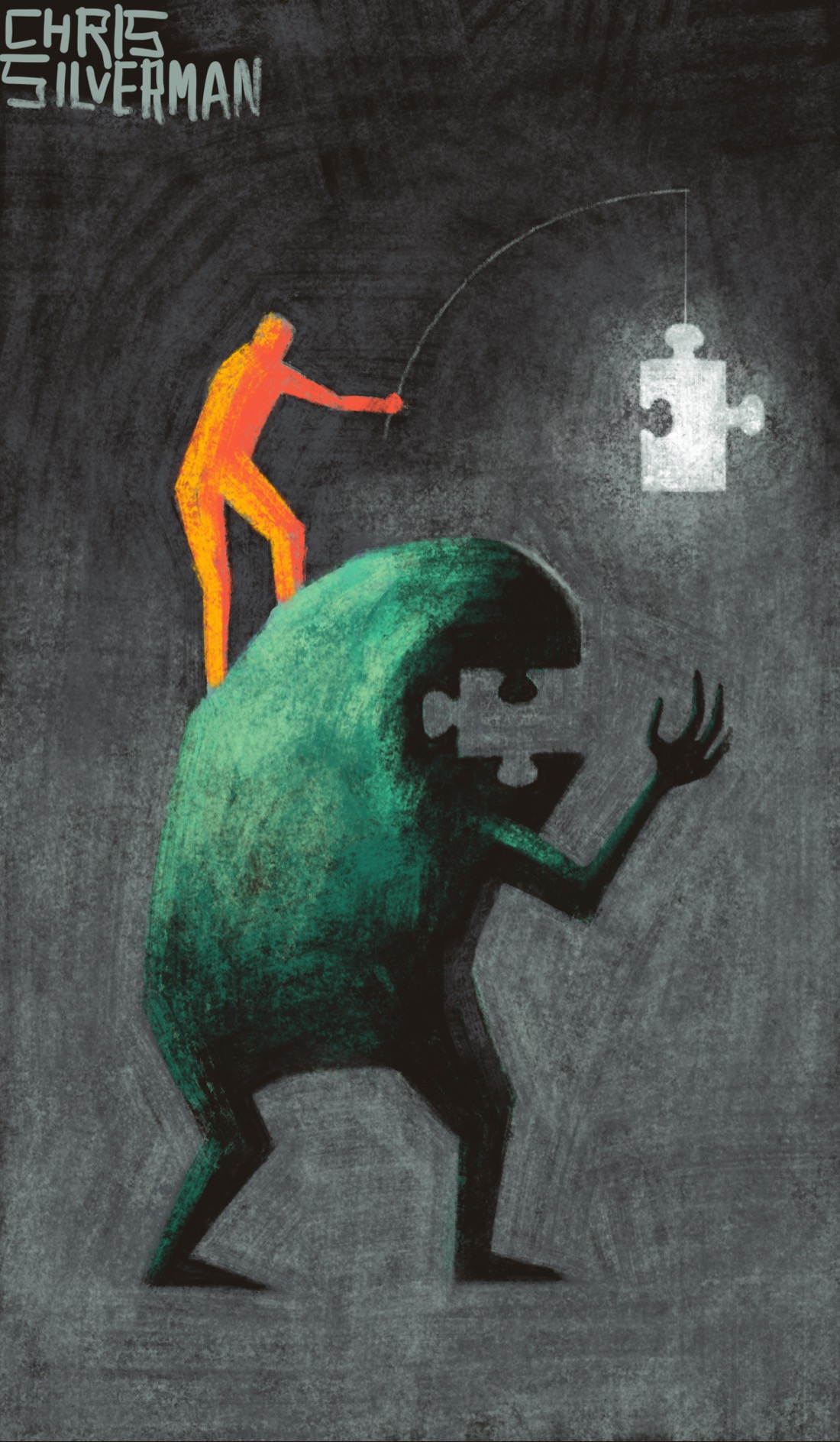 An orange person balances on top of a large, shapeless, green monster. The monster is walking on two legs. The closest thing it has to a face is an opening where its mouth would be. The opening is shaped like a cleanly removed puzzle piece. The person on top of the monster is holding a fishing pole from which is dangling a glowing white puzzle piece, the exact shape of the creature's mouth. The piece is hanging right in front of the creature's face, The creature is clearly looking at it, and reaching for it. The background is a dull gray.