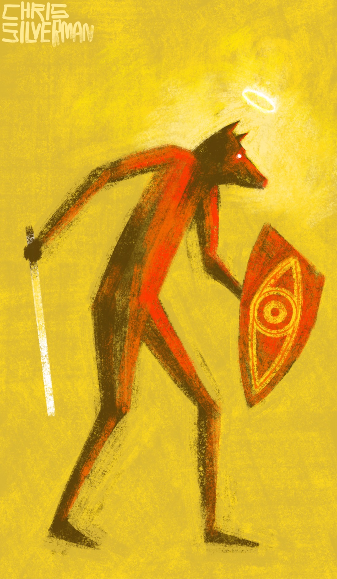 A tall, thin figure with the head of an animal—maybe a wolf, maybe something else—strides forward, holding a red shield in its left hand and a gleaming white sword in its right. On the shield is the yellow symbol of an eye, rotated 90° to run lengthwise down the shield. The figure is a reddish brown. It stands against a gold yellow background. There is a glowing white halo above its head.