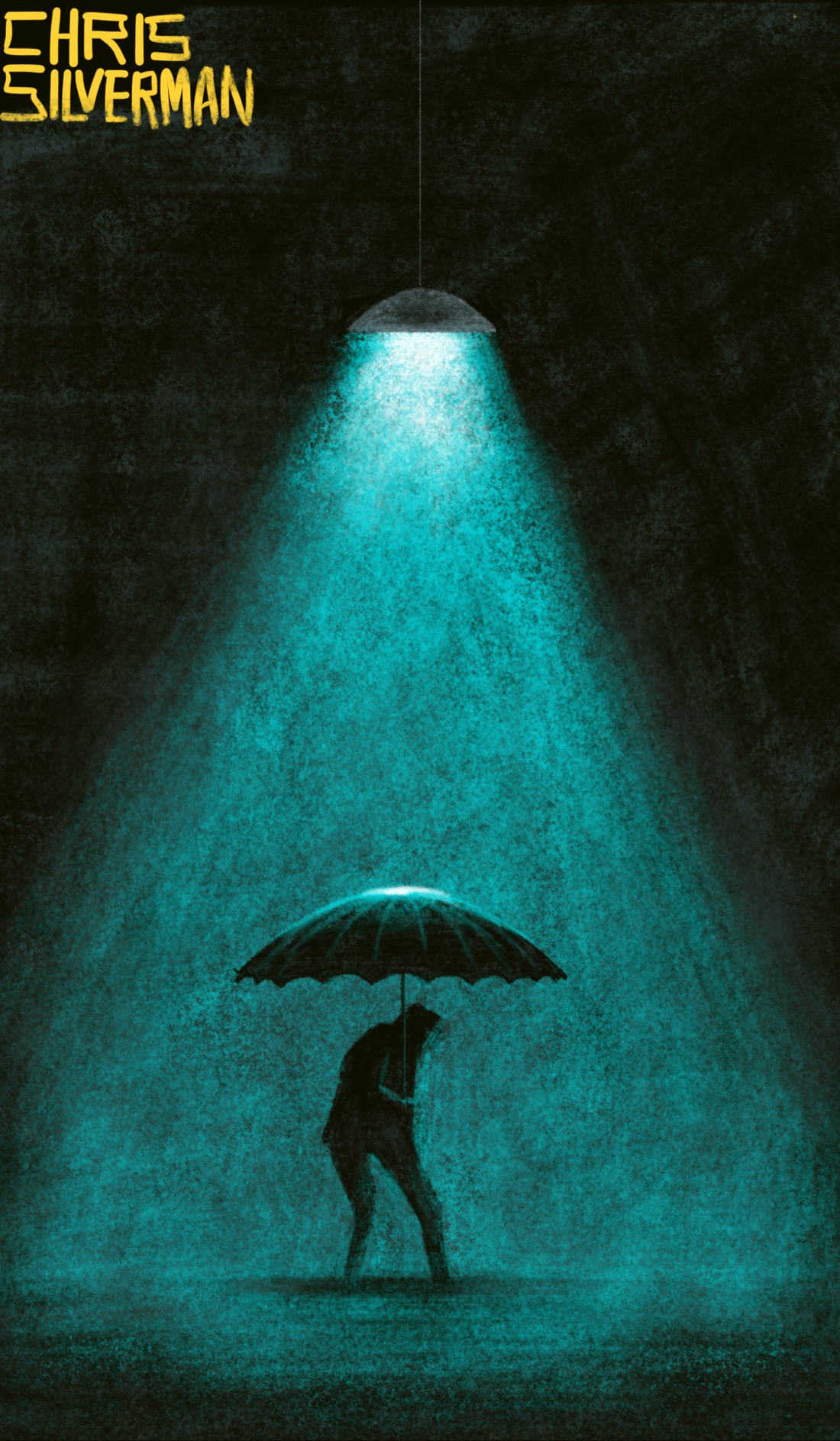 A dark space. A single light hangs from the top, casting a lurid blue conical glow like a spotlight. Standing under it is a dark silhouetted figure holding a black umbrella, as though trying to ward off the light like rain.