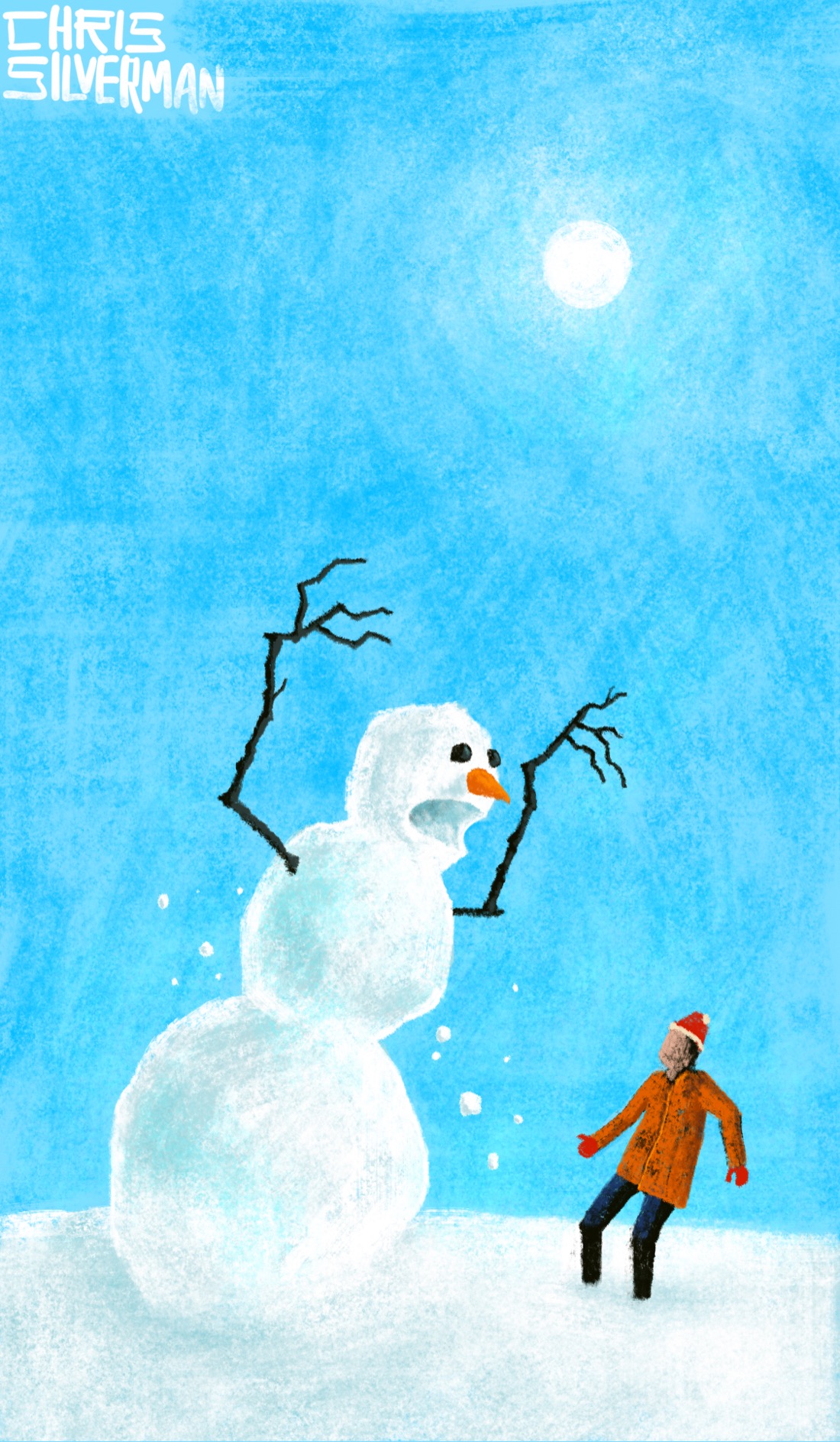 A bright sunny day: the sky is clear and blue, and the ground is covered with snow. On the left side of the painting is an enormous snowman. It is leaning forward, its stick arms raised menacingly. It has an open mouth, a carrot for a nose, and two black eyes. Snow is flying around it. It is leaning towards a person in front of it. The person is wearing dark pants, an orange jacket, and red mittens and hat, and is stepping back in shock, as though the snowman has only just come to life by the power of the great and terrible snow demons.