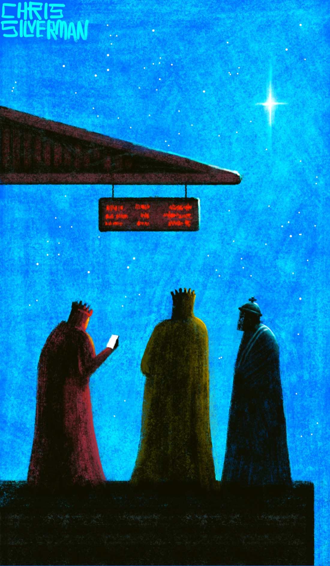 A bright starry night. Three tall, robed figures stand on a train station platform. While they are mostly silhouetted, the approximate colors of their robes are still visible. The leftmost figure, wearing reddish robes, is staring at its phone. The middle figure wears yellowish robes; the rightmost figure wears blue, and is facing left. All three are wearing crowns. They are standing under a small roof, from which is hanging a sign with glowing red lettering. What the sign says is unclear, but this is presumably a station timetable. High in the sky, on the right, a white star blazes.