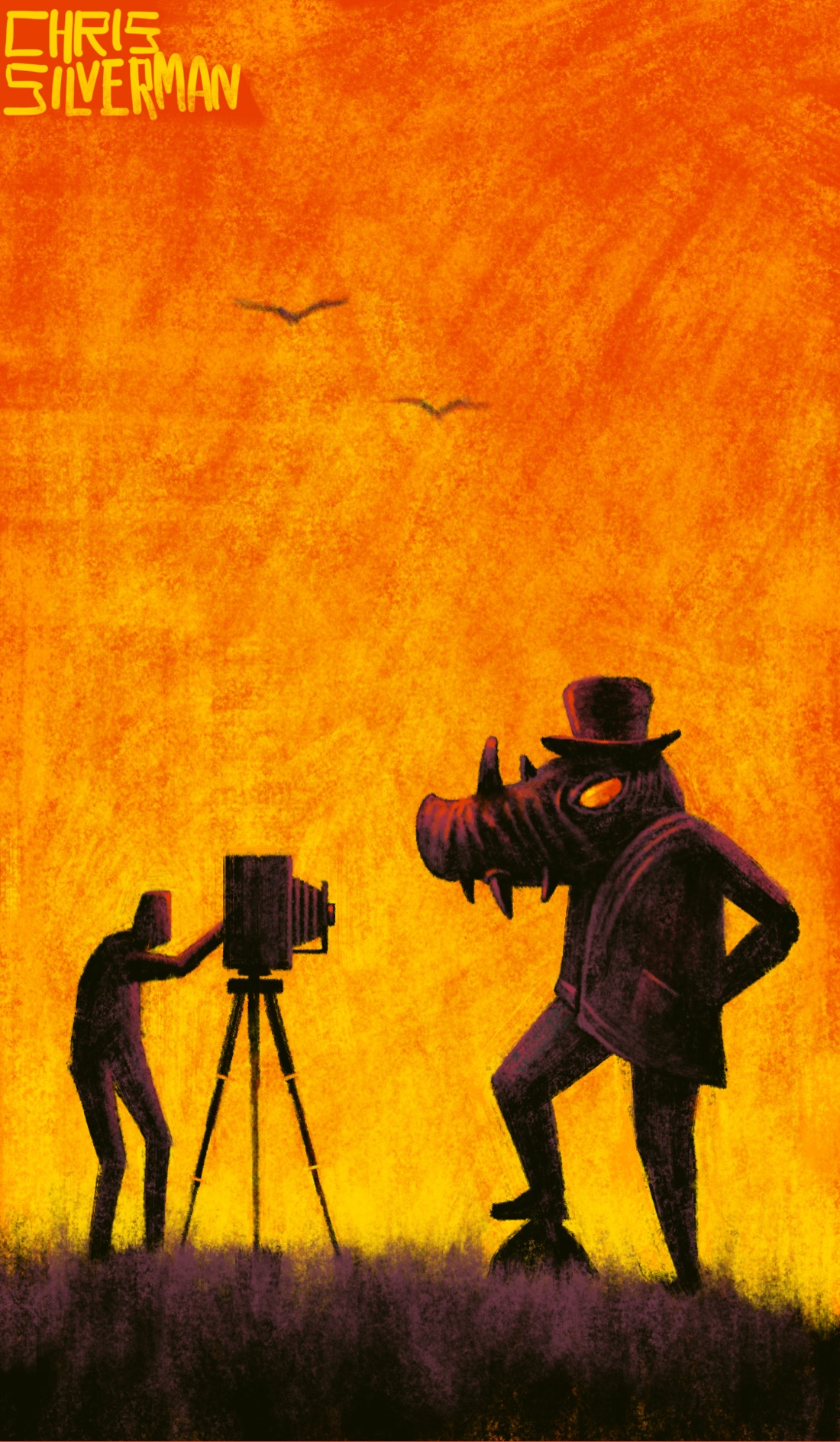 A blazing red and yellow sky over a dark purpleish meadow. On the left stands a small person in front of a large old-fashioned camera on a tripod. The person is photographing a monstrous figure wearing a top hat and fashionable coat. The figure is posing, one leg placed on a small rock, one hand on its hip. It looks like a rhinoceros from hell: enormous snout, multiple horns, several fangs, and a large, soulless red eye. Both parties are mostly silhouetted in profile, but are reflecting reddish light from the sky. In the sky, two large birds fly overhead.