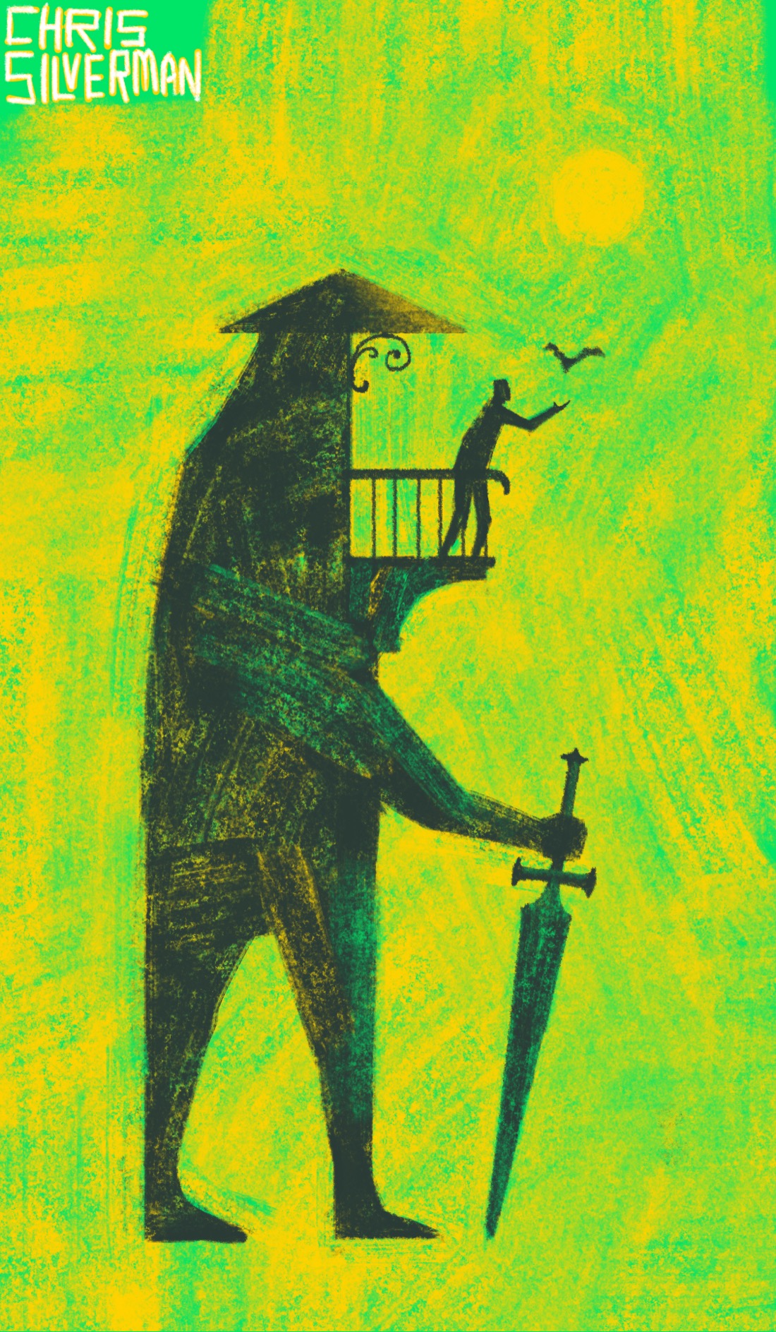 A tall figure stands against a yellow green background, holding a sword in one hand. The point of the sword is against the ground. Where the figure's head would be is a balcony with a small roof over it. A person is leaning over the balcony, releasing a large bird into the sky. A yellow sun hangs in the top right of the painting.