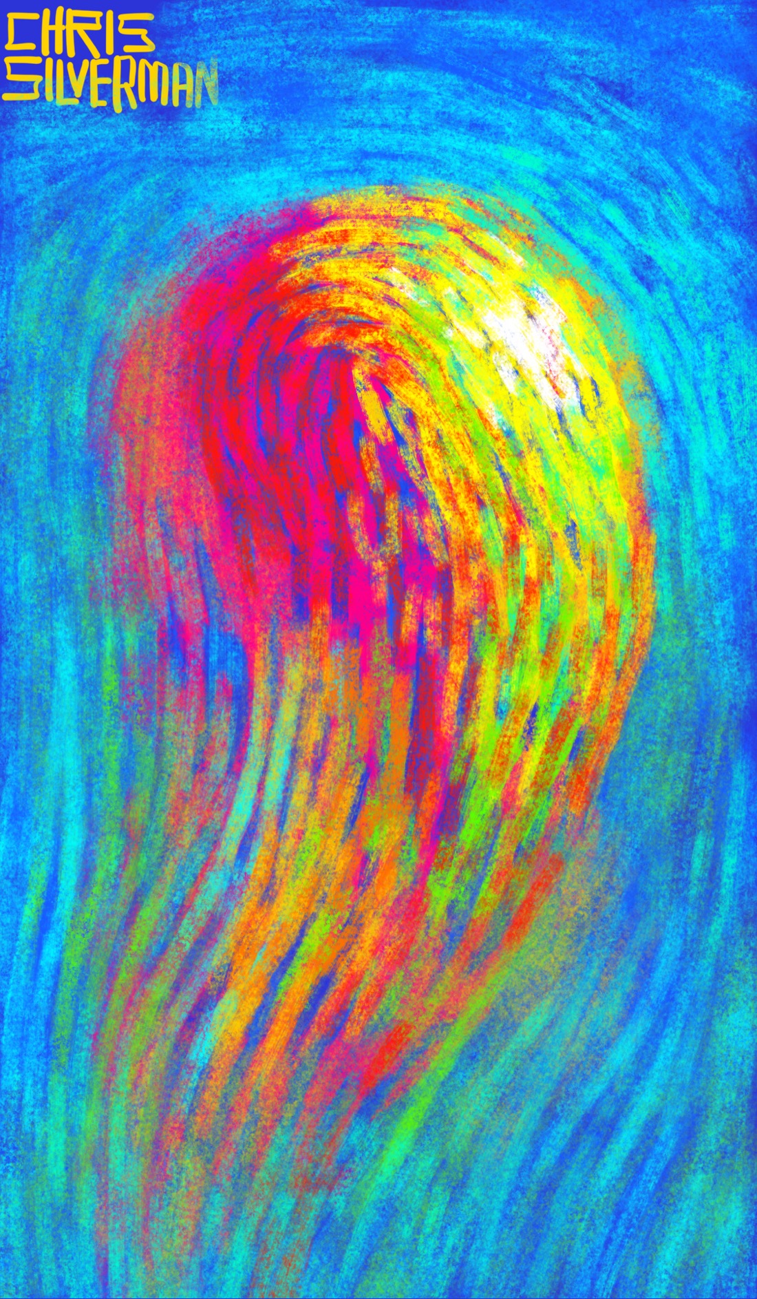 An abstract, impressionist painting with long, wavy brushstrokes. At the center of the painting is an elongated, slightly curved object painted in bright pink, yellow, and various shades of green. The right side of it is brightly illuminated, giving the impression that it is dimensional. It is surrounded by blue. The overall effect is of a multicolored bubble rising up through water.