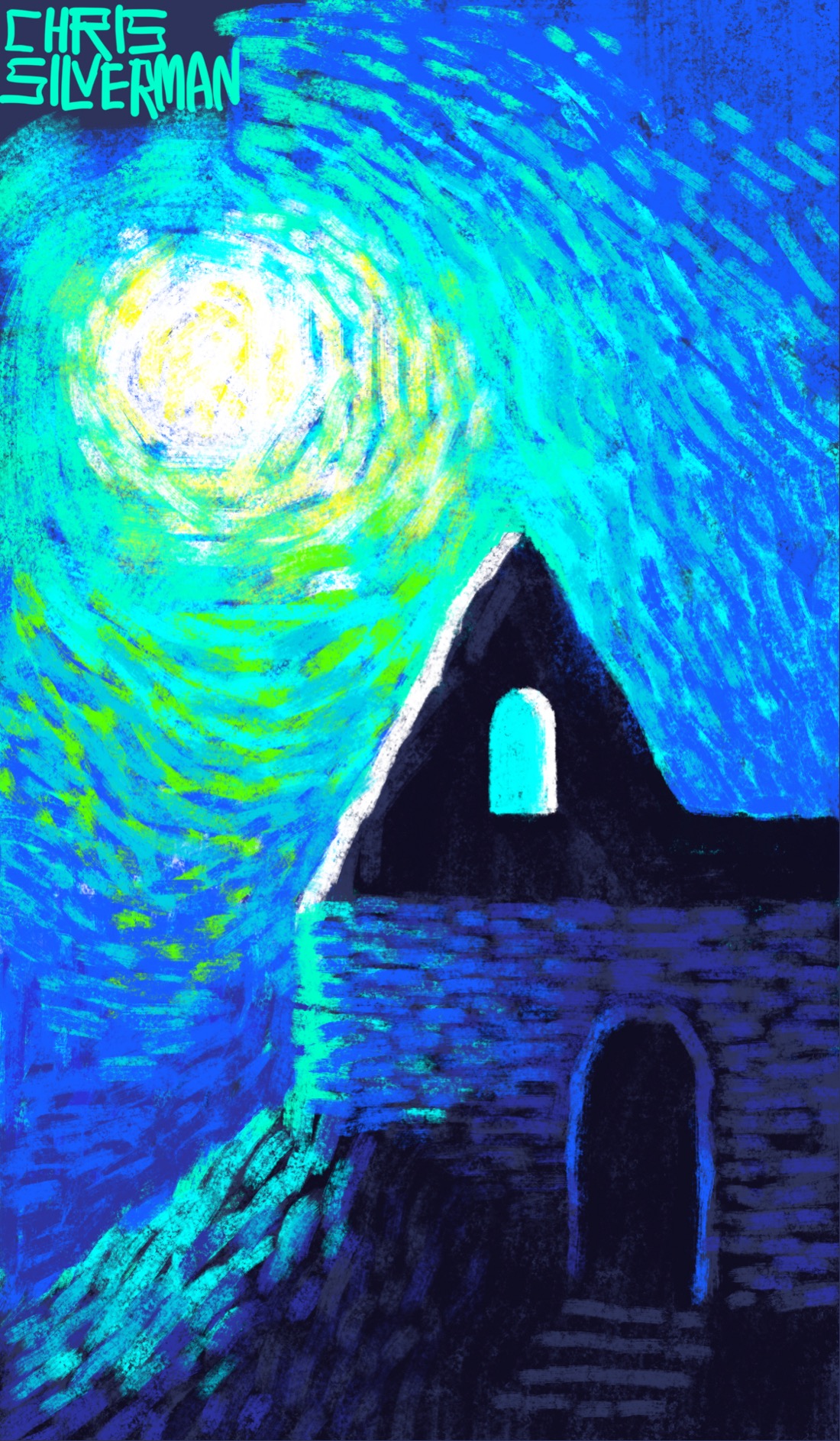 An impressionist scene of an abandoned building at night. The building is an old stone house missing a roof. One inner wall of the house is visible; an arched window lets in moonlight. On the wall facing the viewer is an empty arched doorway with a few stairs beneath it. A small stony hill leads down from the building. Greenish moonlight reflects off the hill. In the sky, the moon blazes white. This is a predominantly blue painting composed with heavy brushwork and bright colors. The brushstrokes surrounding the moon are a mix of white, yellow, bright, green, and various shades of blue.