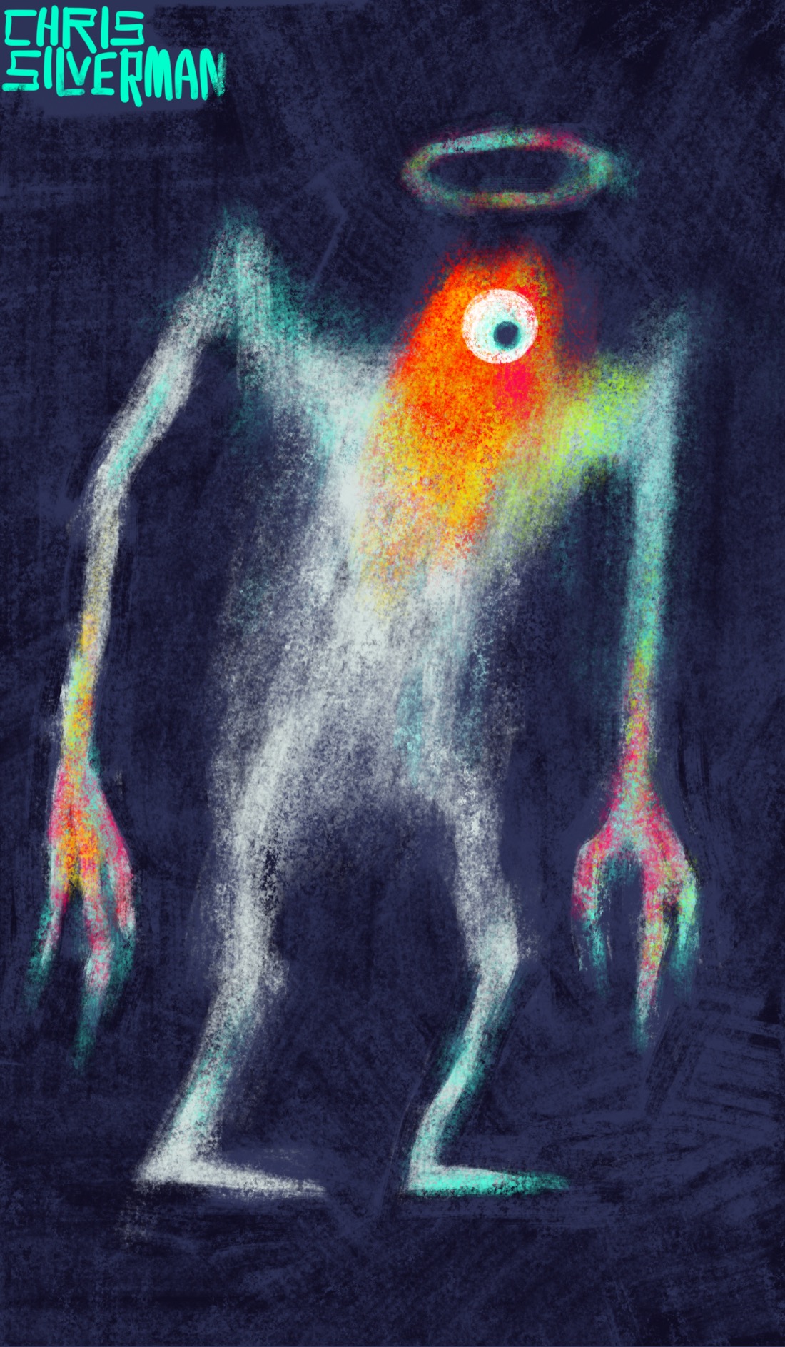 A large, menacing figure stands against a dark blue background. The figure has unusually long arms and long, clawlike figures. The figure is mostly white, with tinges of green and pink on its hands. Its head is red-orange, with one round, staring eye. A blurry, multicolored halo hangs above its head.