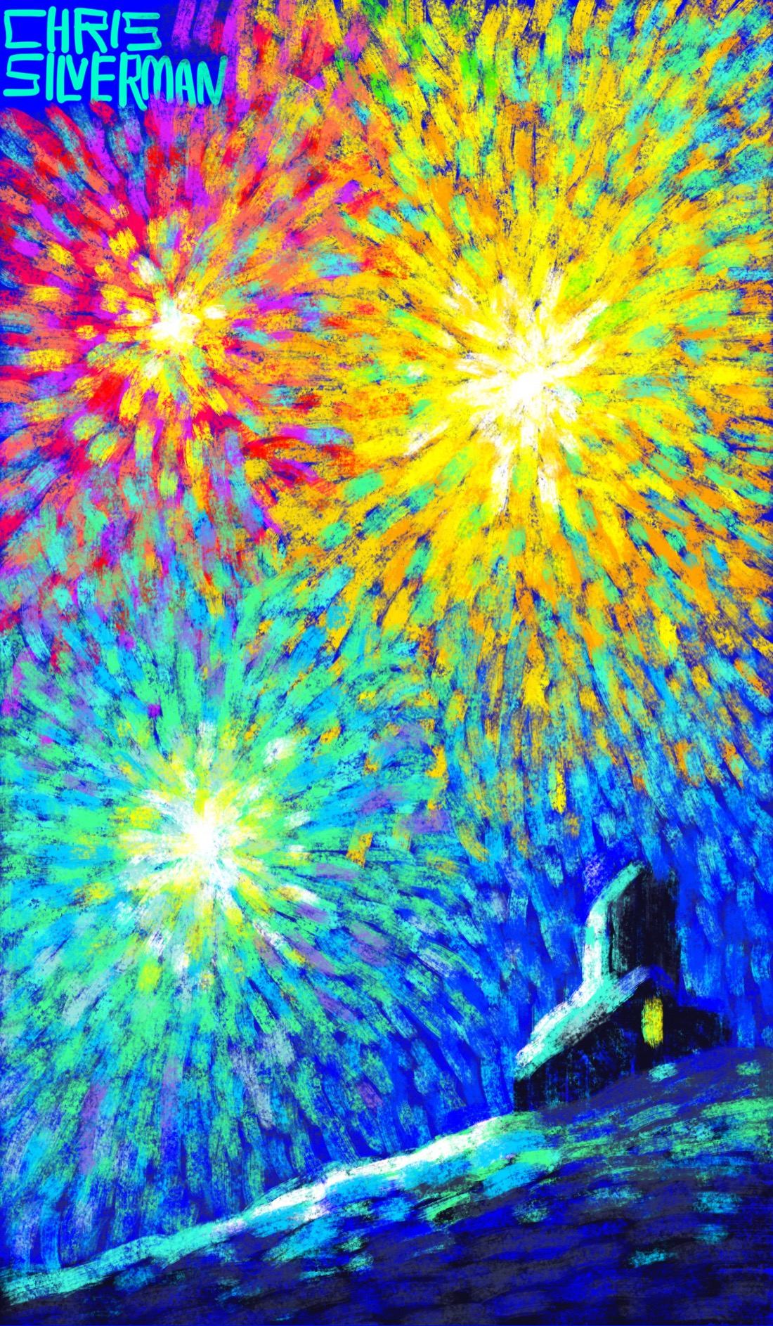 A blue night sky filled with exploding bursts of color: red, yellow, various shades of green and blue that cover most of the sky. A small building sits on a hill illuminated by the fireworks. One window in the side of the building is illuminated. Happy 2025.