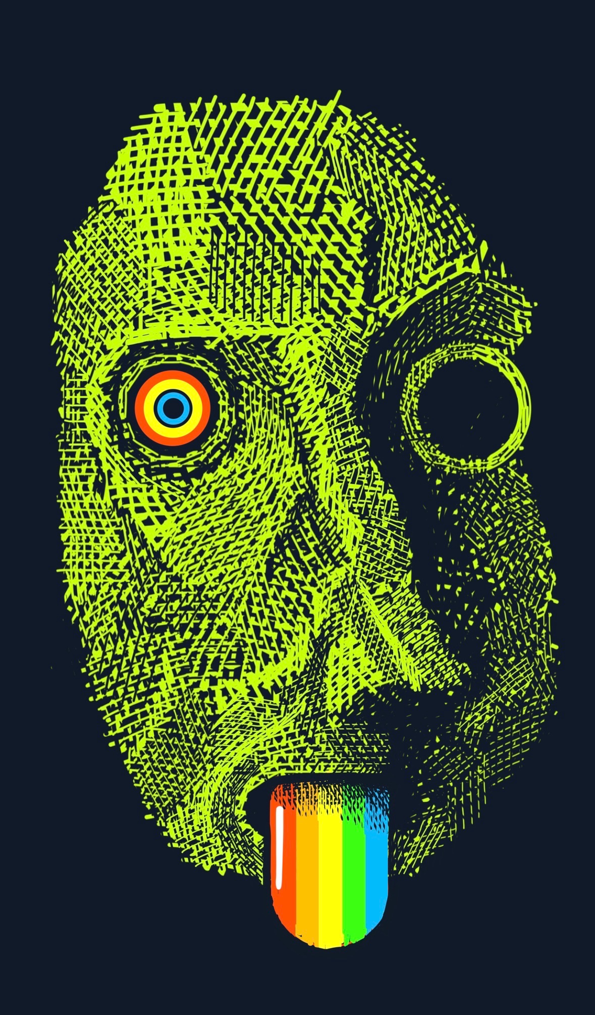 A strange, cartoonishly misshapen face that looks like it's carved from clay or wood. The face has a prominent nose, two small eyes, and a mouth. The face has wrinkles and surface irregularities in places where a normal face wouldn't. But the most striking feature of the face is its tongue: a glistening rainbow tongue dropping straight down from its mouth. Its right eye is also brightly colored, with three concentric circles of red, yellow, and blue. The left eye is empty.