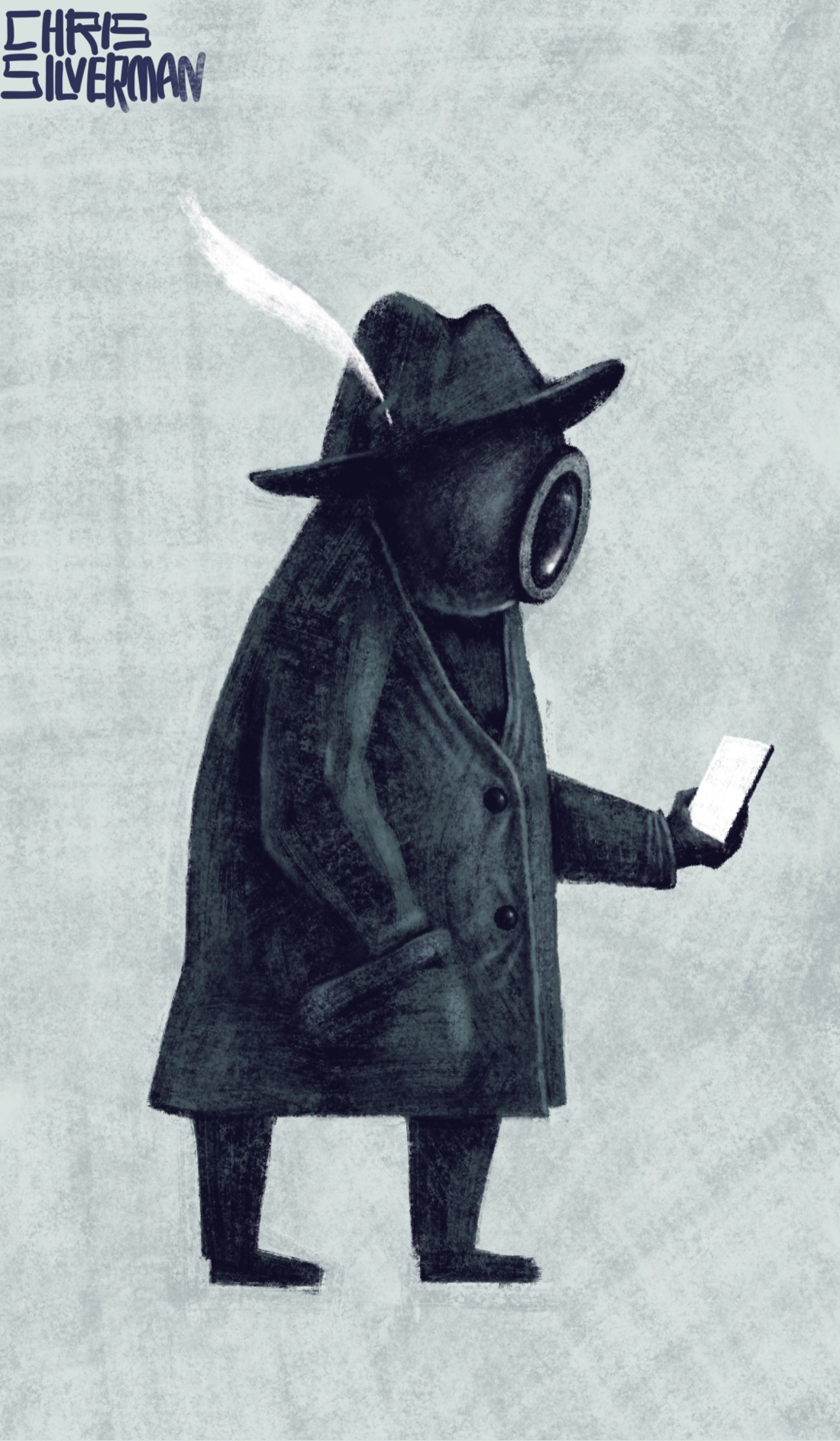 A figure wearing a long dark buttoned coat stands with its right hand placed in its pocket, its left hand holding a glowing phone out in front of it. It is looking at the white screen. It is wearing a dark fedora with a white feather stuck in it. Its head is a sphere with a round lens on the front, like a diving helmet. The figure is standing against a neutral gray background. This is a painting rendered primarily in shades of gray.