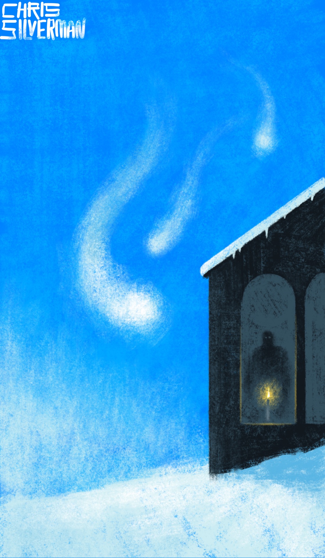 A snowy landscape. The sky is the dark blue of early morning or evening. On the left side of the painting is a blurry suggestion of snow covered trees. On the right side is the dark outline of a house with snow on the roof. The house has two dark, arched windows. In the leftmost window is a single burning candle. Looming behind the candle is a large, shadowy silhouette with two dim gray eyes. In the sky, hovering around the house, are three white shapes that look vaguely like comets, except that they are clearly moving independently and of their own volition. They look almost as though they are trying to find a way into the house.