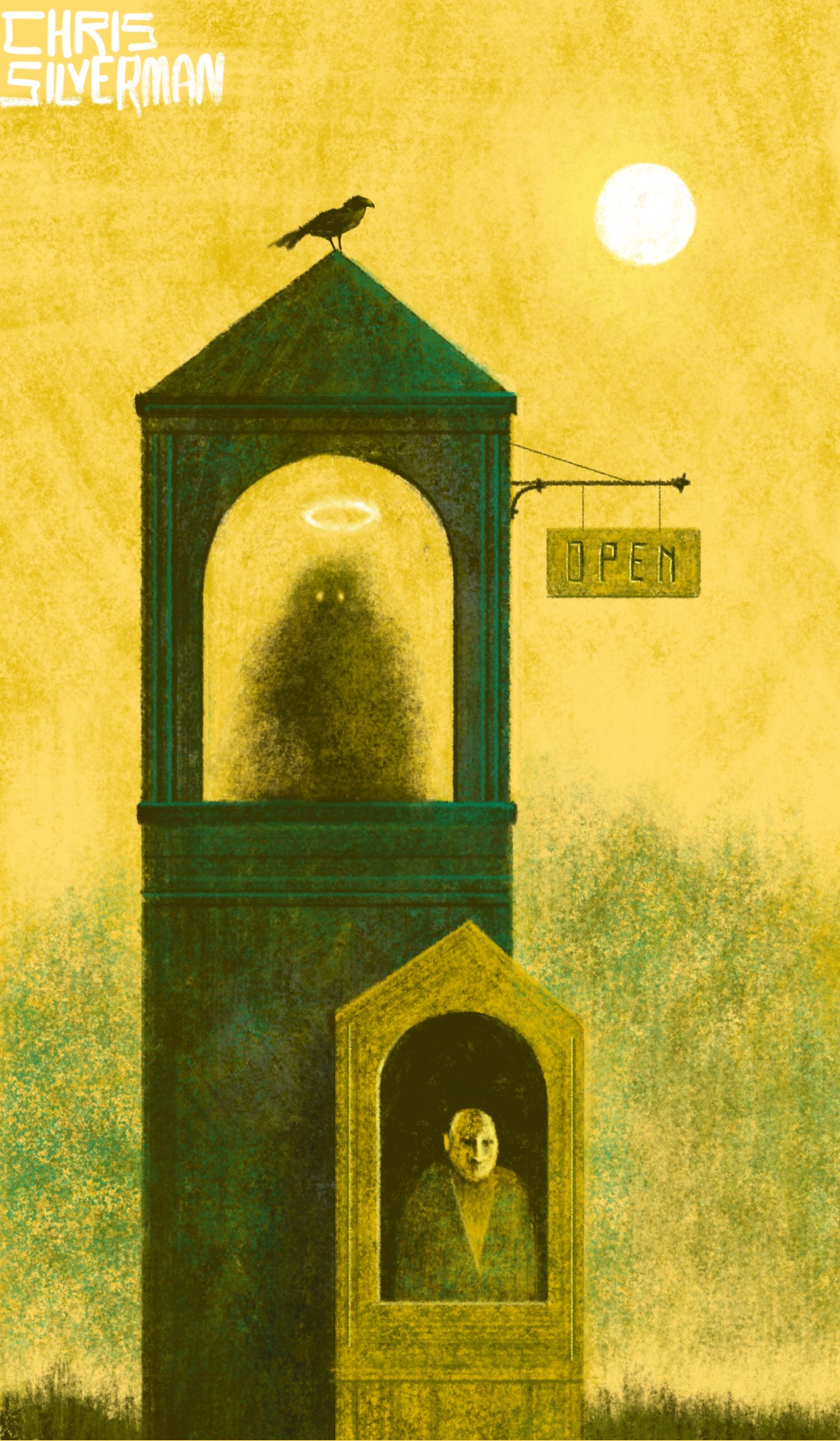 A tall, dark, greenish tower with a pointed roof and an arched belfry. Sitting in the belfry, where a bell would otherwise be, is a blurry dark shapeless figure with two glowing eyes and a white halo above its head. Protruding from the right side of the belfry is a rod with a small yellow sign hanging from it. The sign has the word "open" on it. In front of the tower, about half its height, is a small mustard-yellow booth, also with a pointed roof and a large arched window. Sitting in it like a ticket taker is a figure who looks a little like a monk: shaved head, greenish robes. There is a suggestion of trees in the background. A bright white sun sits in the top right of the yellow sky. Sitting on the roof of the larger tower is a dark bird. This painting is done primarily in shades of gold, brown, and dark green.